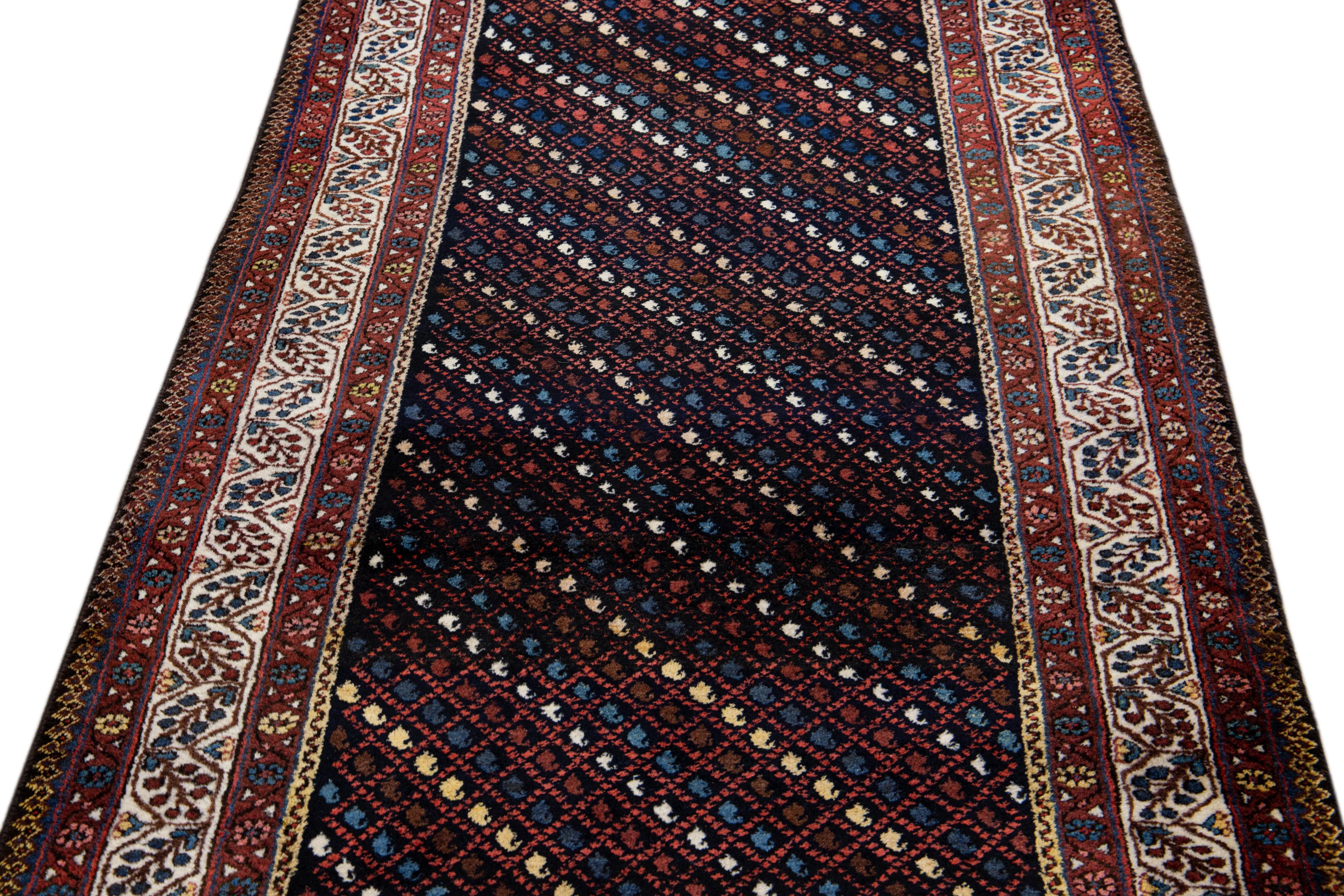 Mid-Century Modern Multicolor Vintage Kurd Handmade Geometric Designed Wool Runner For Sale