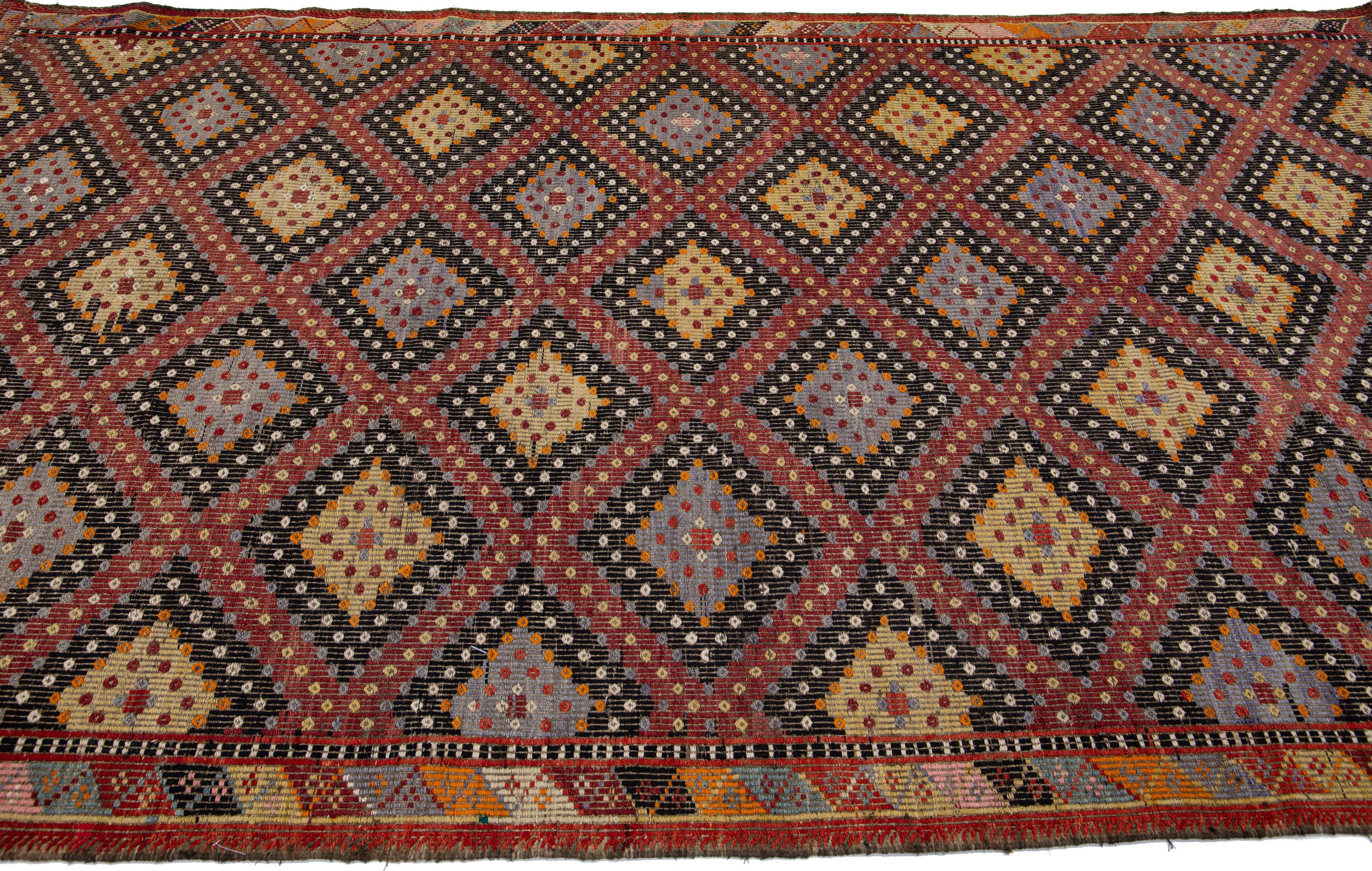 Indian Multicolor Vintage Sumakh Handmade Geometric Wool Rug For Sale