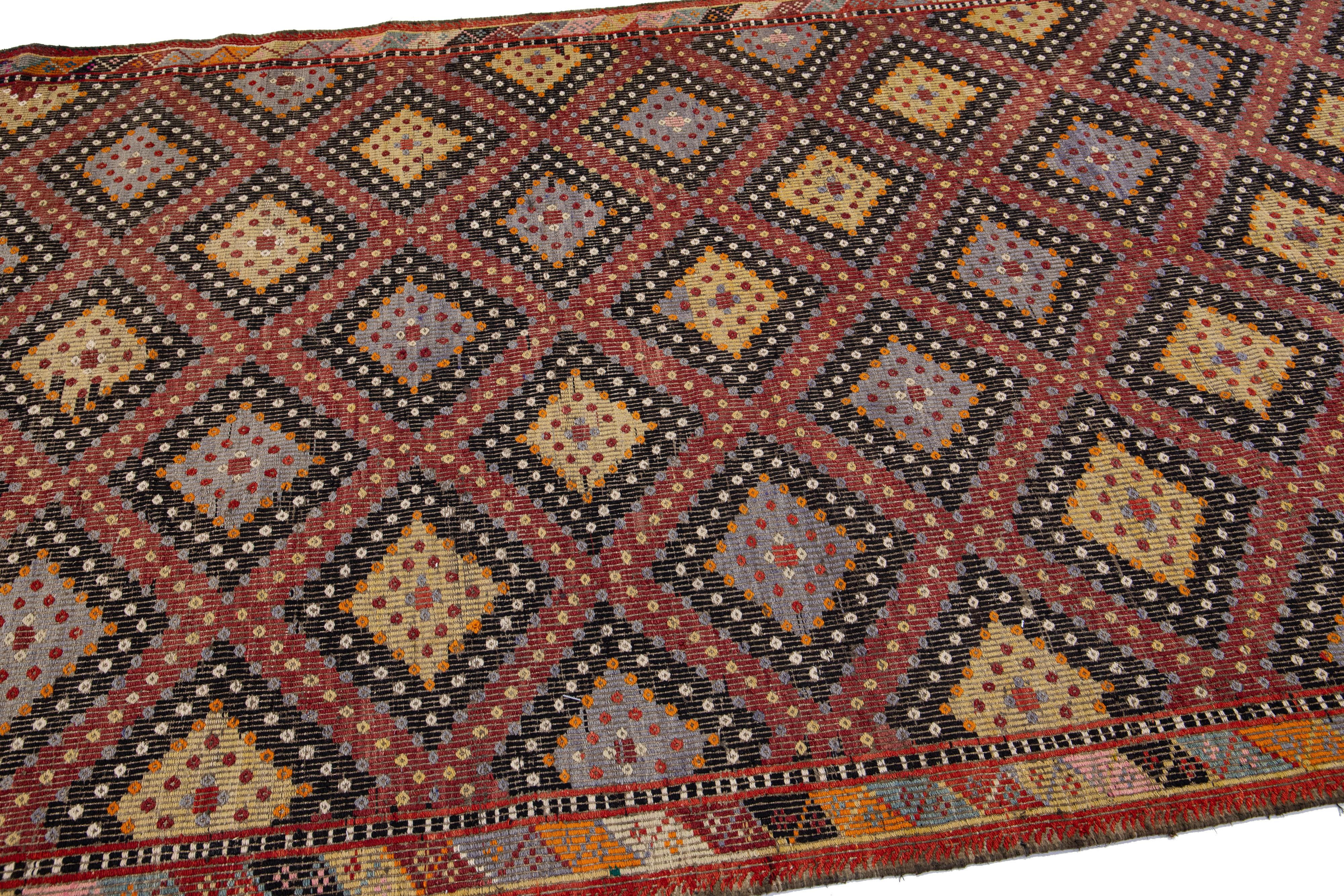 Hand-Knotted Multicolor Vintage Sumakh Handmade Geometric Wool Rug For Sale