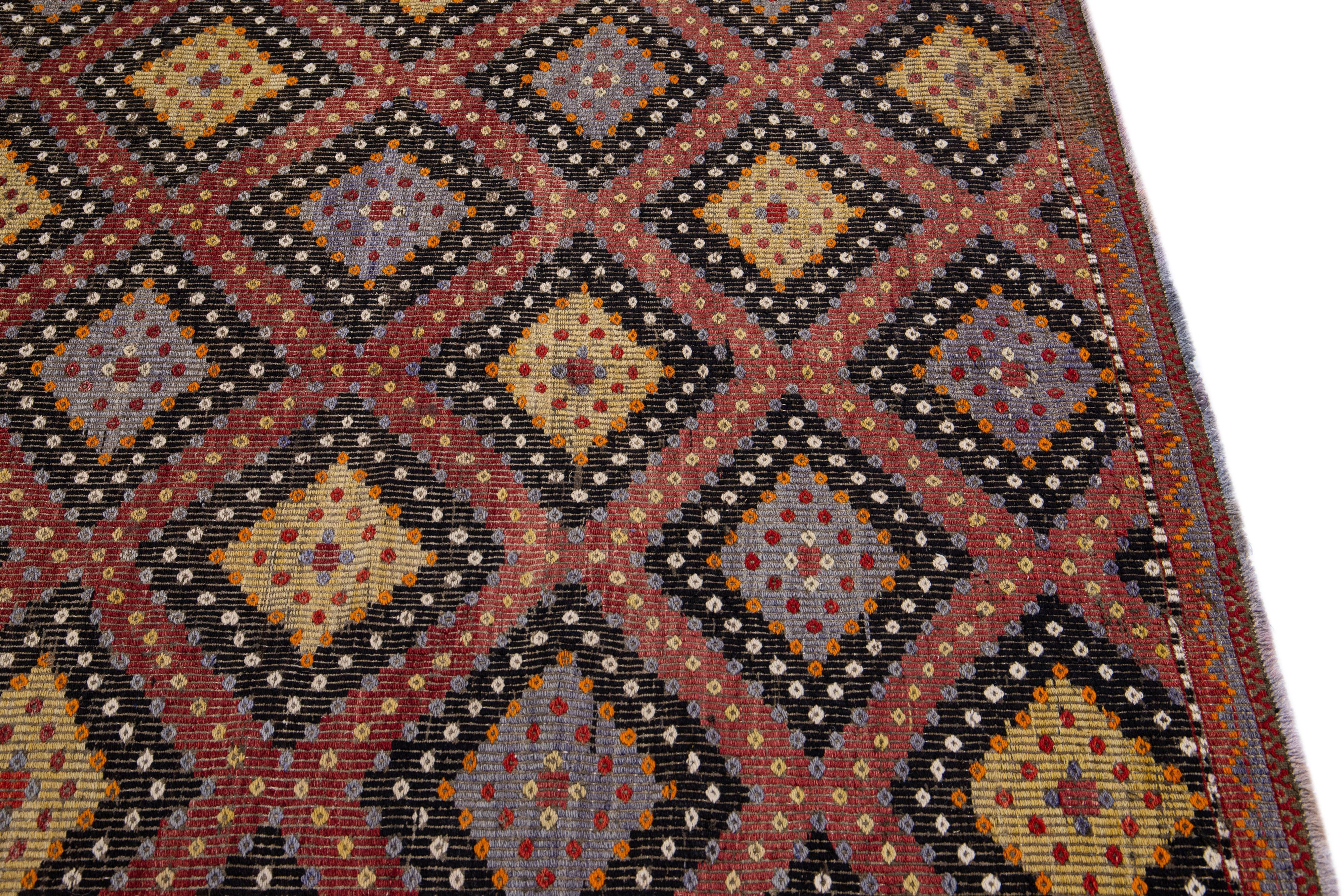 20th Century Multicolor Vintage Sumakh Handmade Geometric Wool Rug For Sale