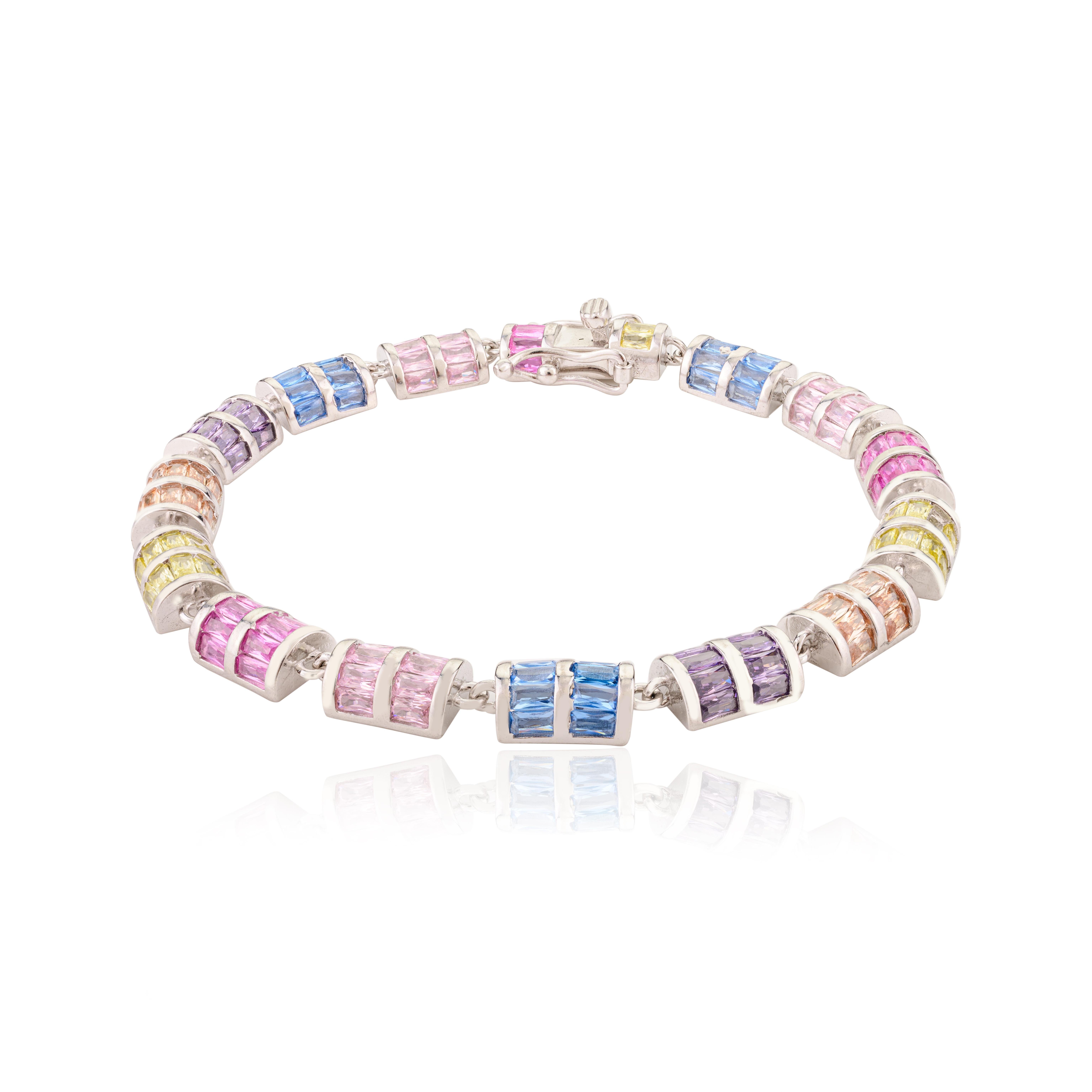 Multicolor Wedding Rhinestone Tennis Bracelet for Women in sterling silver. You shall need this tennis bracelet to make a statement with your look. Each piece features dazzling cubic zirconia stones, renowned for their brilliance and clarity, set in