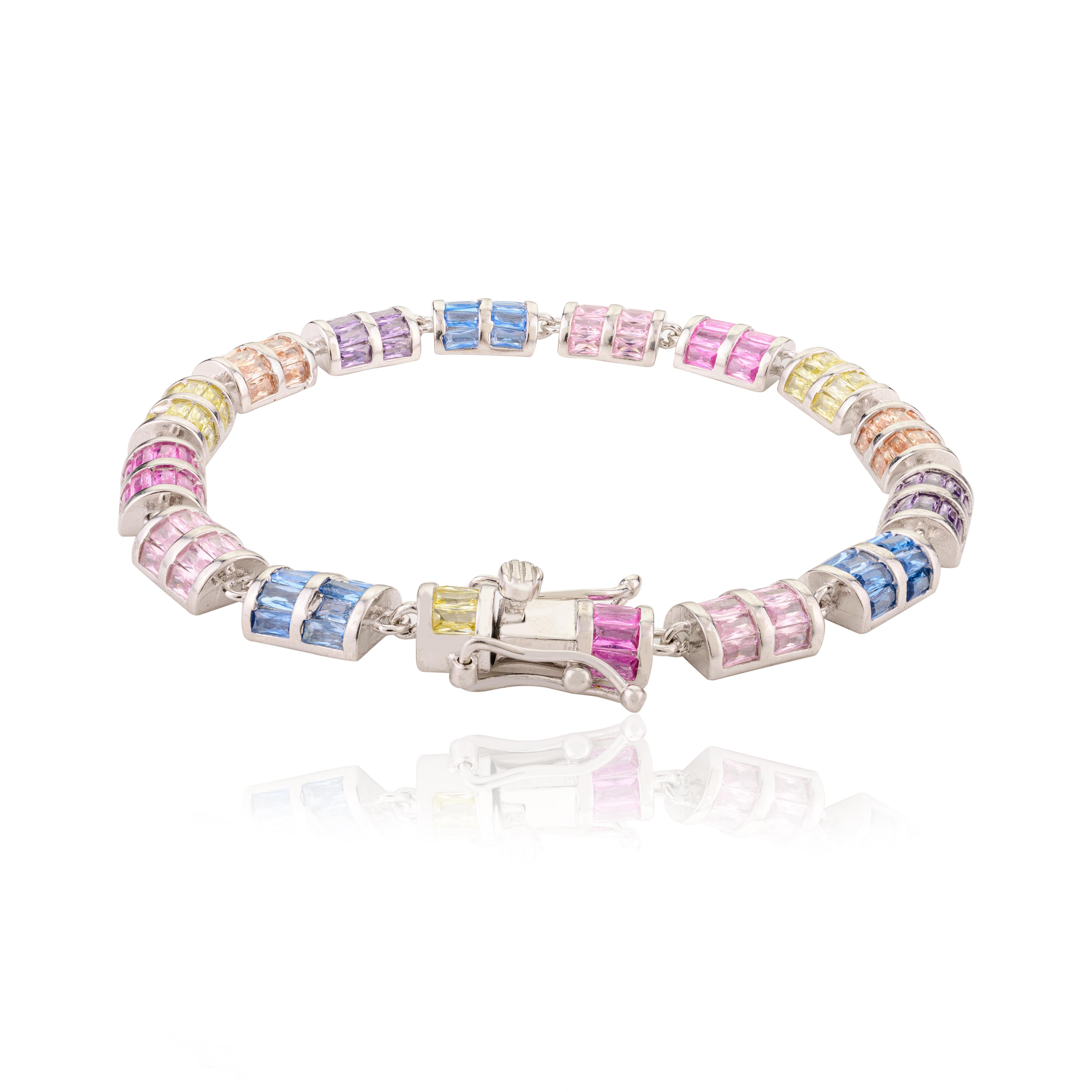 Modernist Multicolor Wedding Rhinestone Tennis Bracelet for Mom Gift in Sterling Silver For Sale