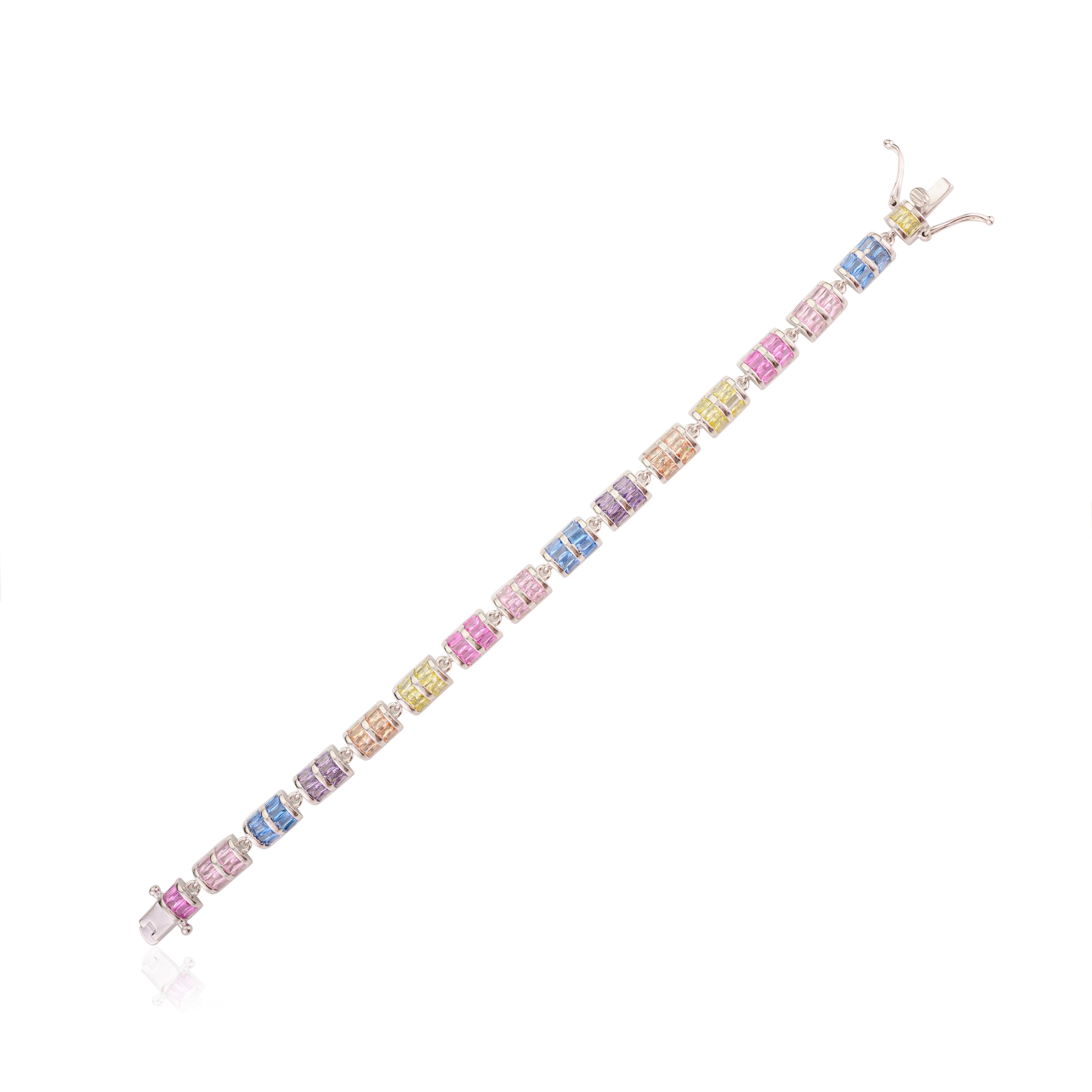 Baguette Cut Multicolor Wedding Rhinestone Tennis Bracelet for Mom Gift in Sterling Silver For Sale