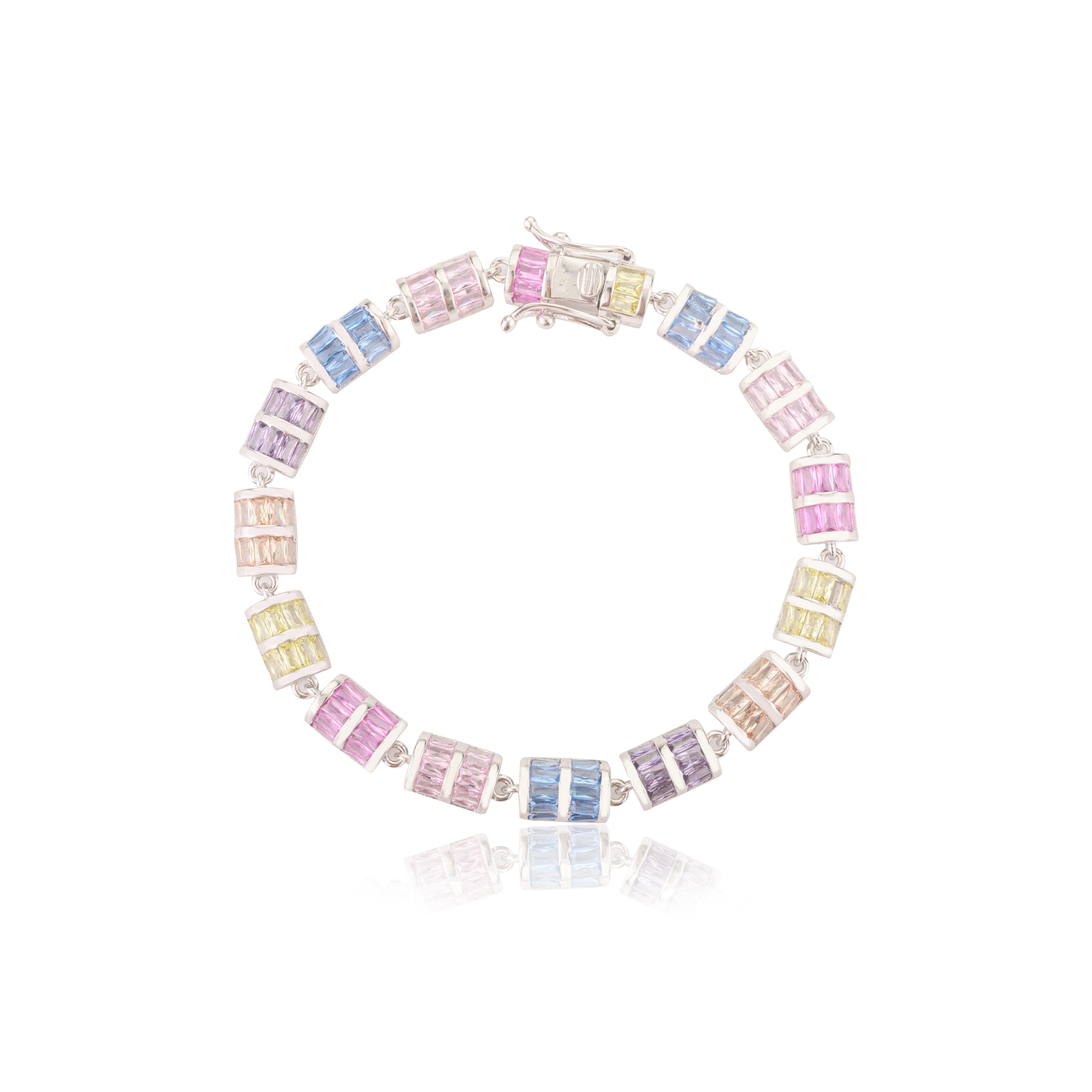 Multicolor Wedding Rhinestone Tennis Bracelet for Mom Gift in Sterling Silver In New Condition For Sale In New York, NY