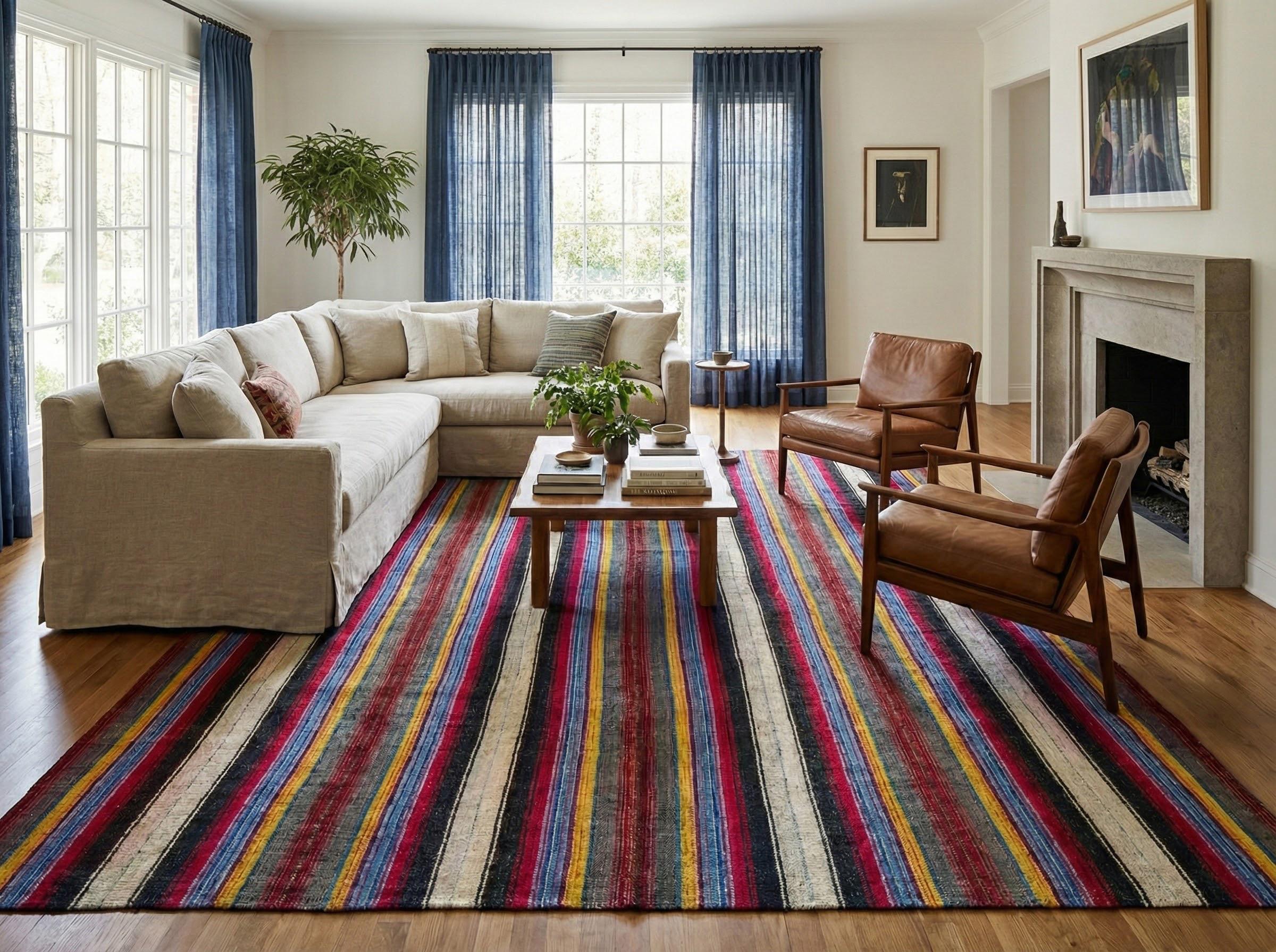 Dieser einzigartige, handgewebte Flachgewebe-Teppich misst 358 x 442 cm (11 ft 9 in x 14 ft 6 in) und passt bequem in die Kategorie Room Size / Large Open-Plan - ideal für weitläufige Wohn- oder Essbereiche. Er wird sowohl in der Kette als auch im