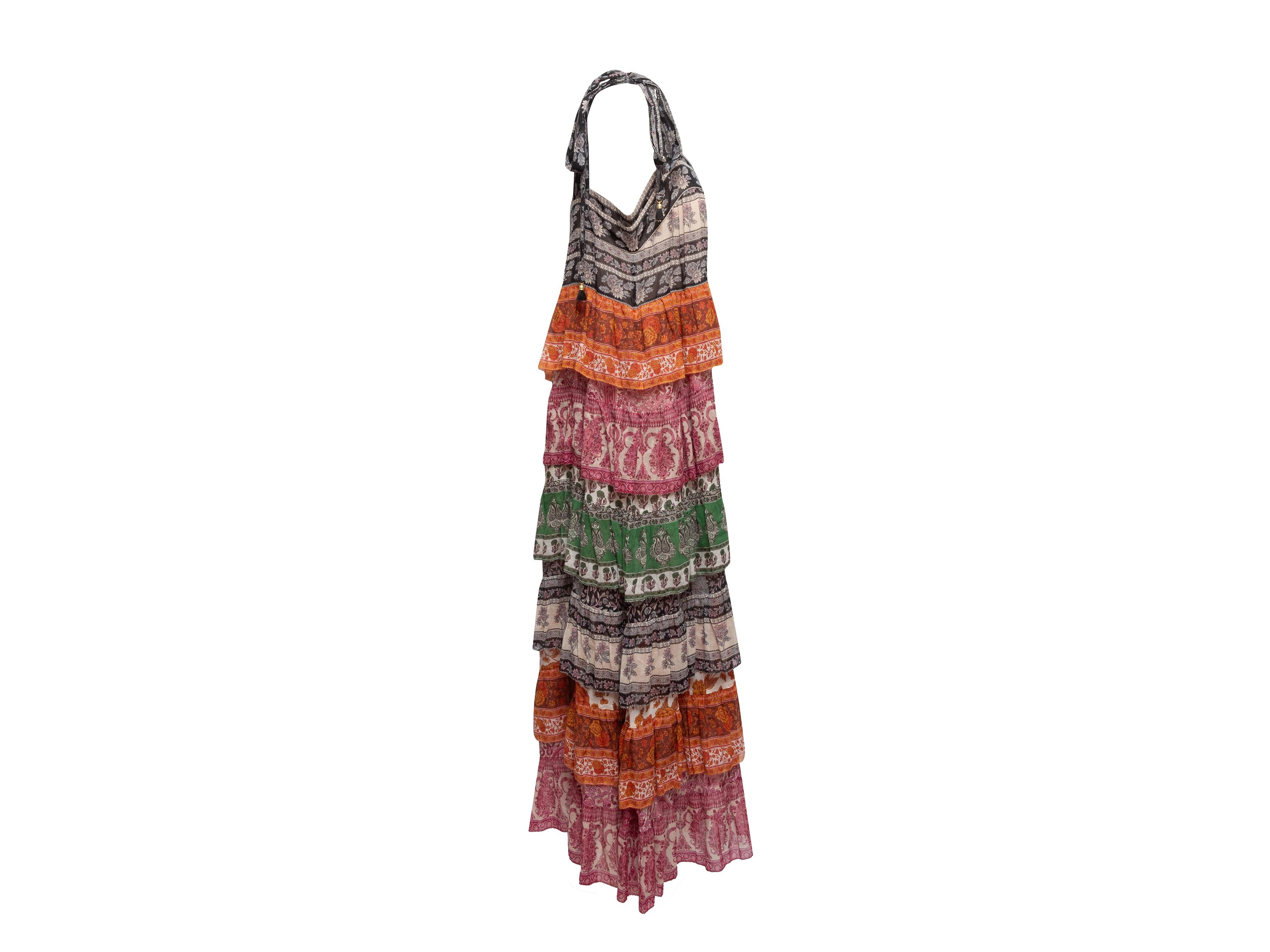 Product Details: Multicolor sleeveless tiered printed maxi dress by Zimmermann. Tie accents at shoulders. Zip closure at back. 36