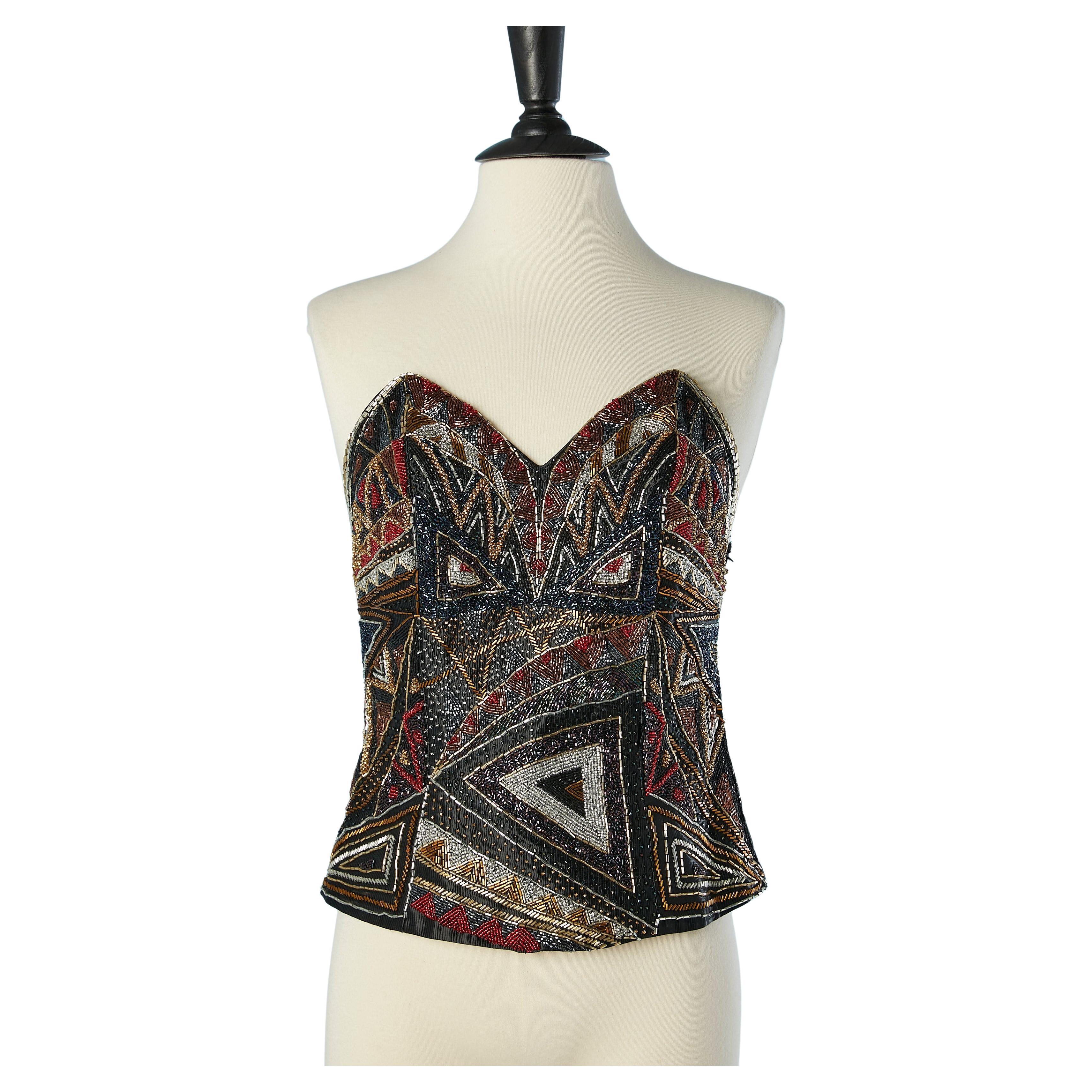Multicolore beaded bustier on black satin Chi's  For Sale