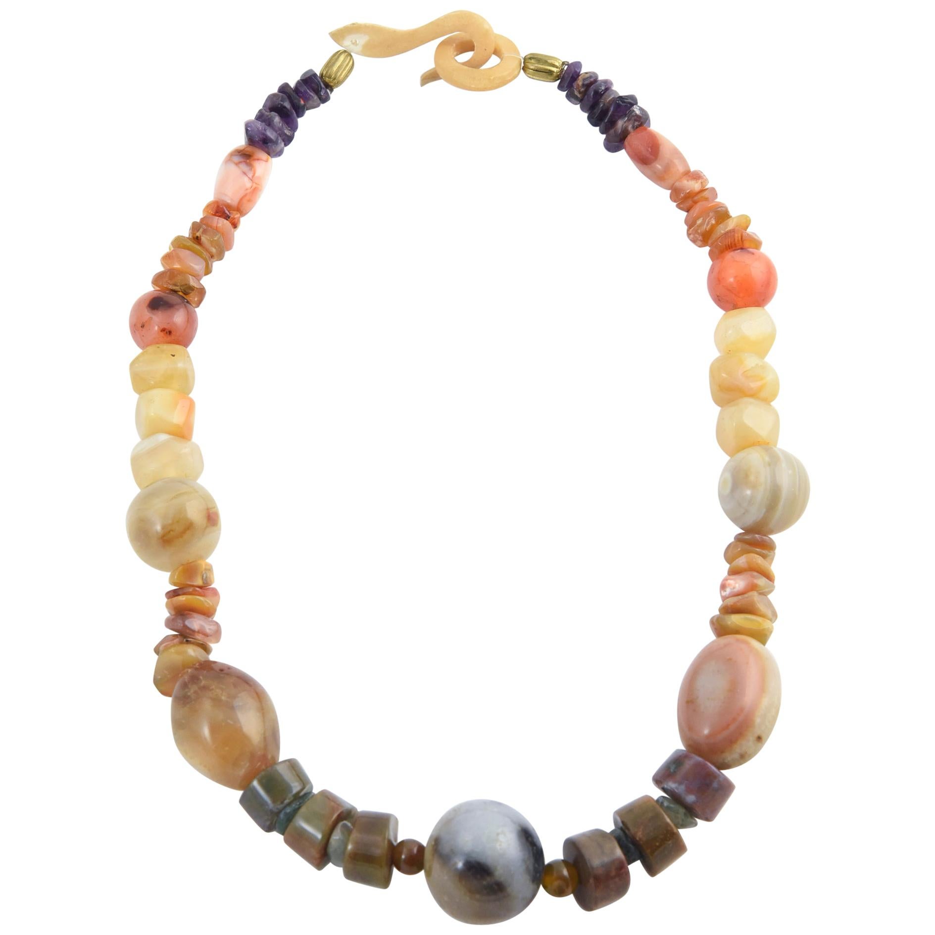 Multicolored Agate and Amethyst Bead Necklace