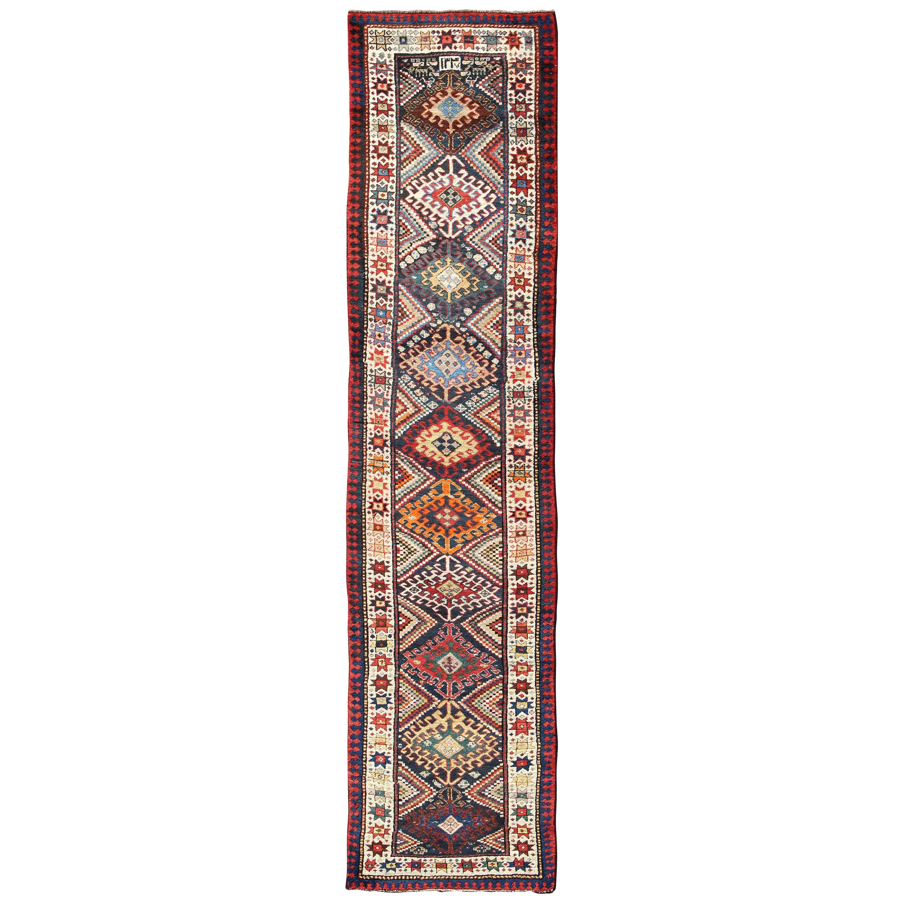 Multicolored Antique Caucasian Kazak Runner with Hooked Latch's and Star Motifs