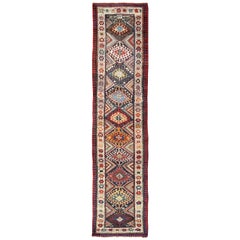 Multicolored Antique Caucasian Kazak Runner with Hooked Latch's and Star Motifs