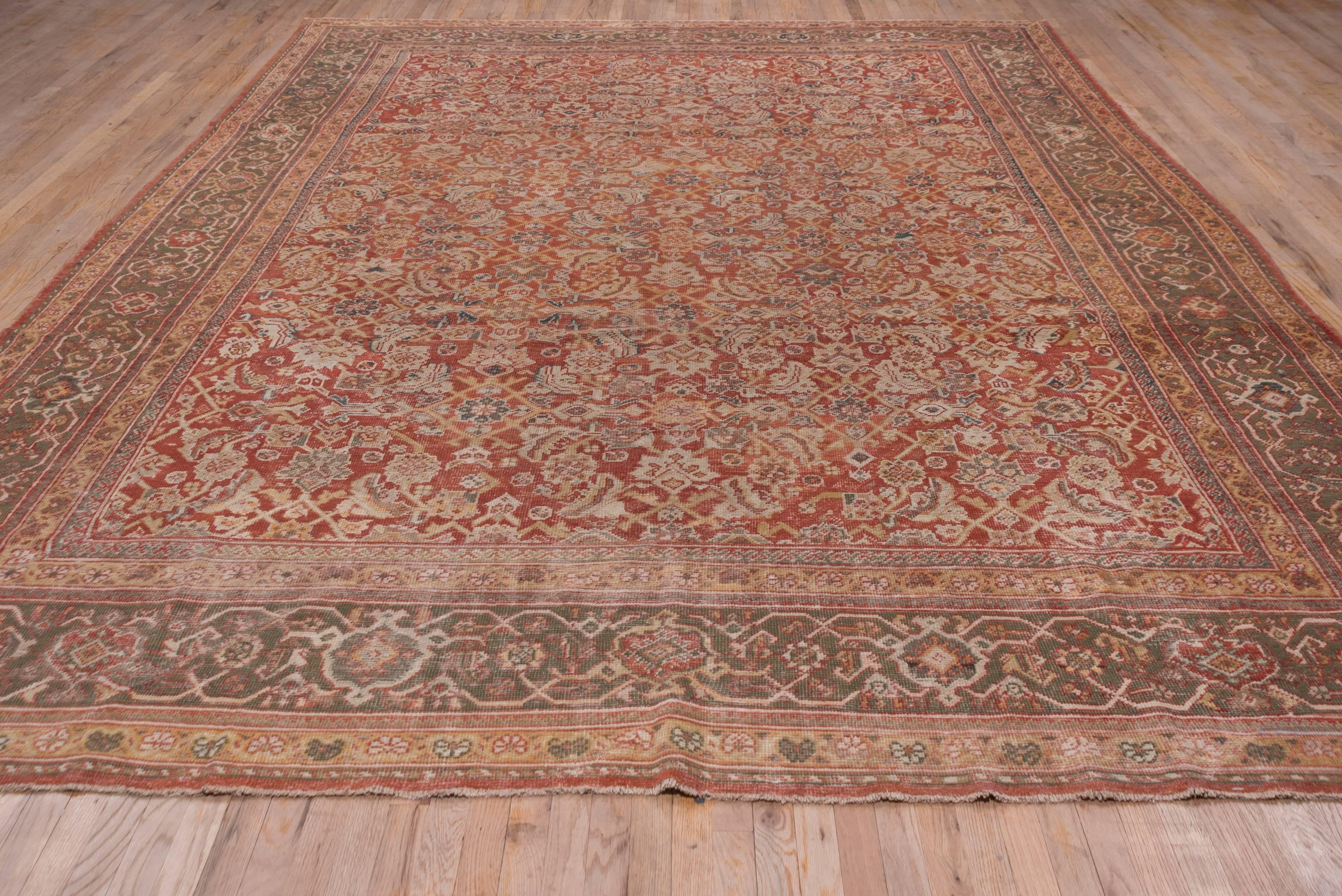 A fairly large-scale all-over Herati 'fish' leaf, open diamond, rosette and palmette pattern in light straw ans ivory decorates the warm madder red field of this west Persian rustic carpet. Tawny gold fan palmette minors flank the angular turtle