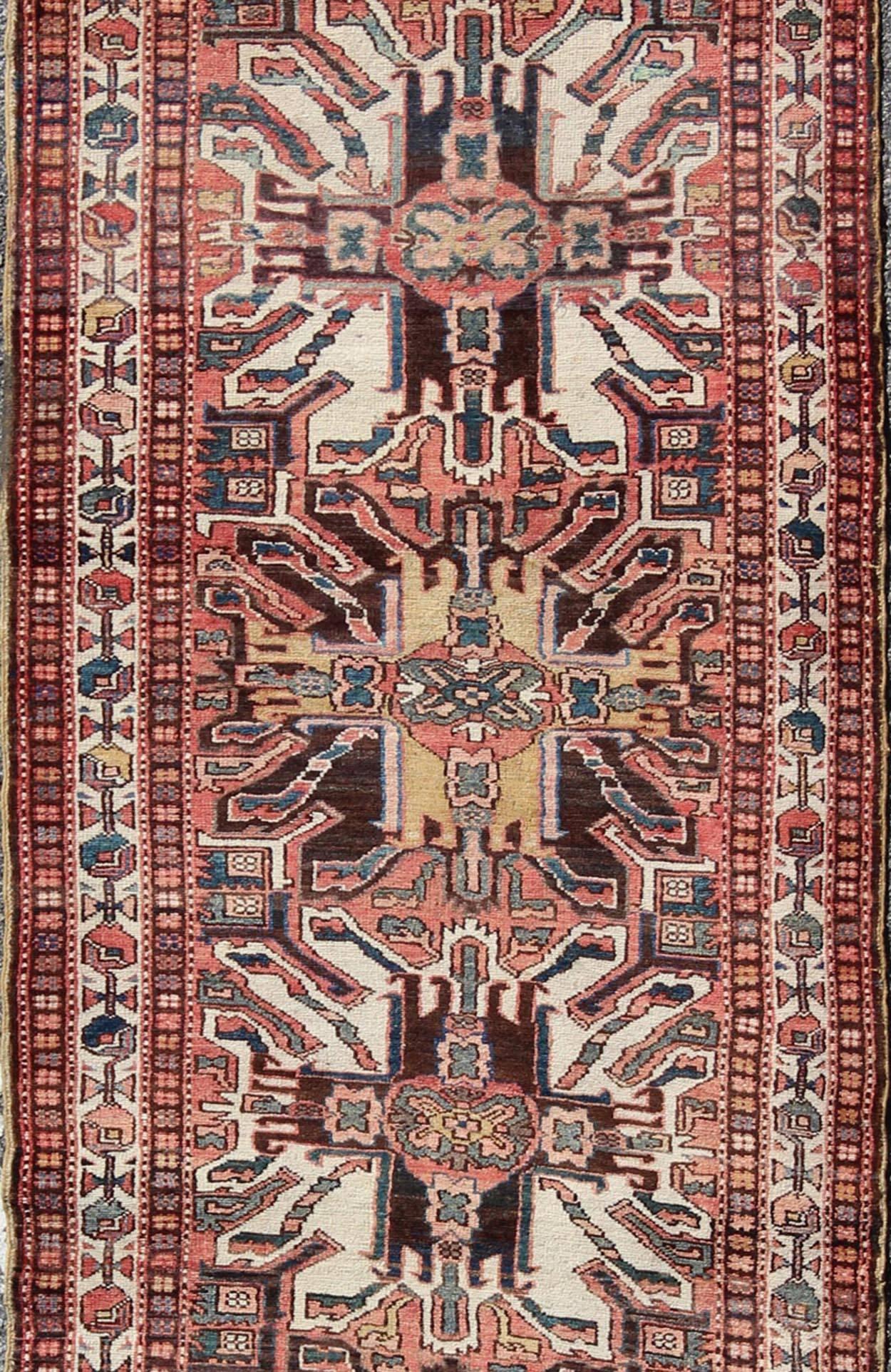 Hand-Knotted Multicolored Antique Persian Karajeh Runner with Geometric-Tribal Medallions For Sale
