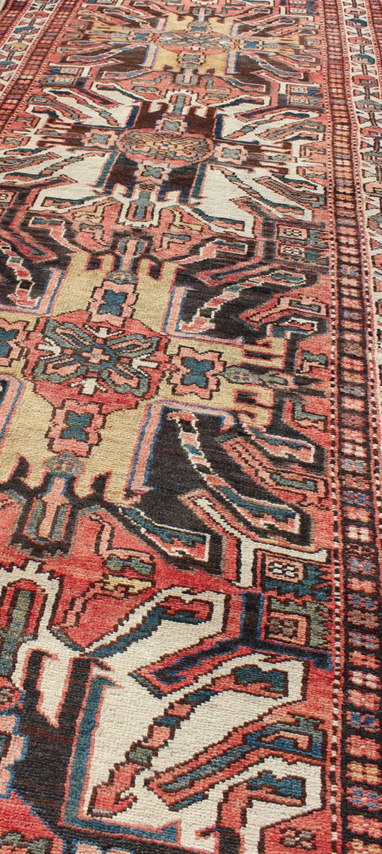 Multicolored Antique Persian Karajeh Runner with Geometric-Tribal Medallions In Good Condition For Sale In Atlanta, GA