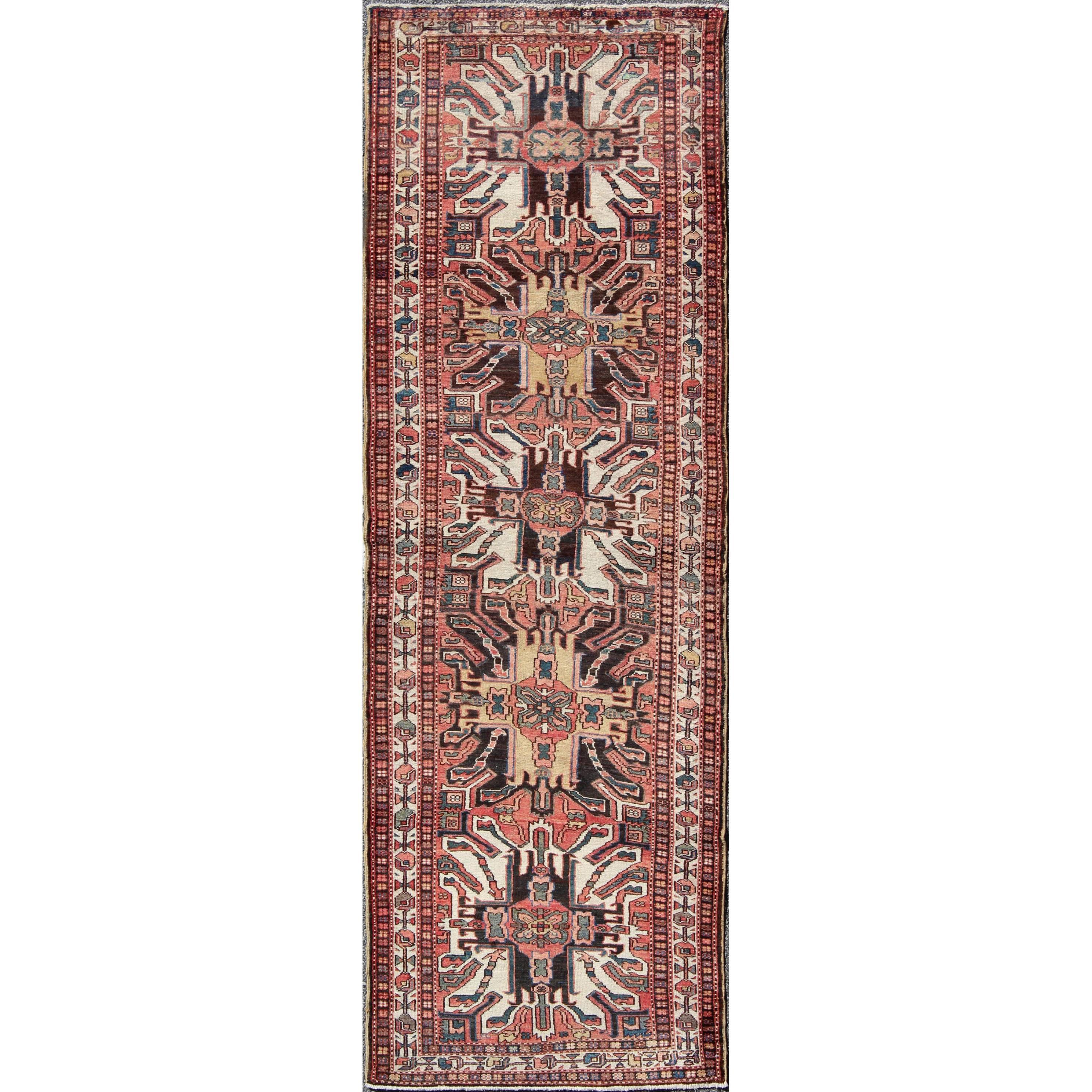 Multicolored Antique Persian Karajeh Runner with Geometric-Tribal Medallions For Sale