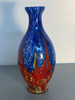 Multicolored Art Glass Vase with Blue, Red, and Yellow Abstract Design