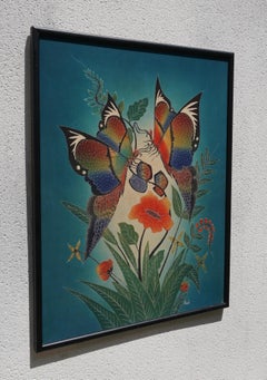 Multicolored Batik with Butterflies on frame. Central Java