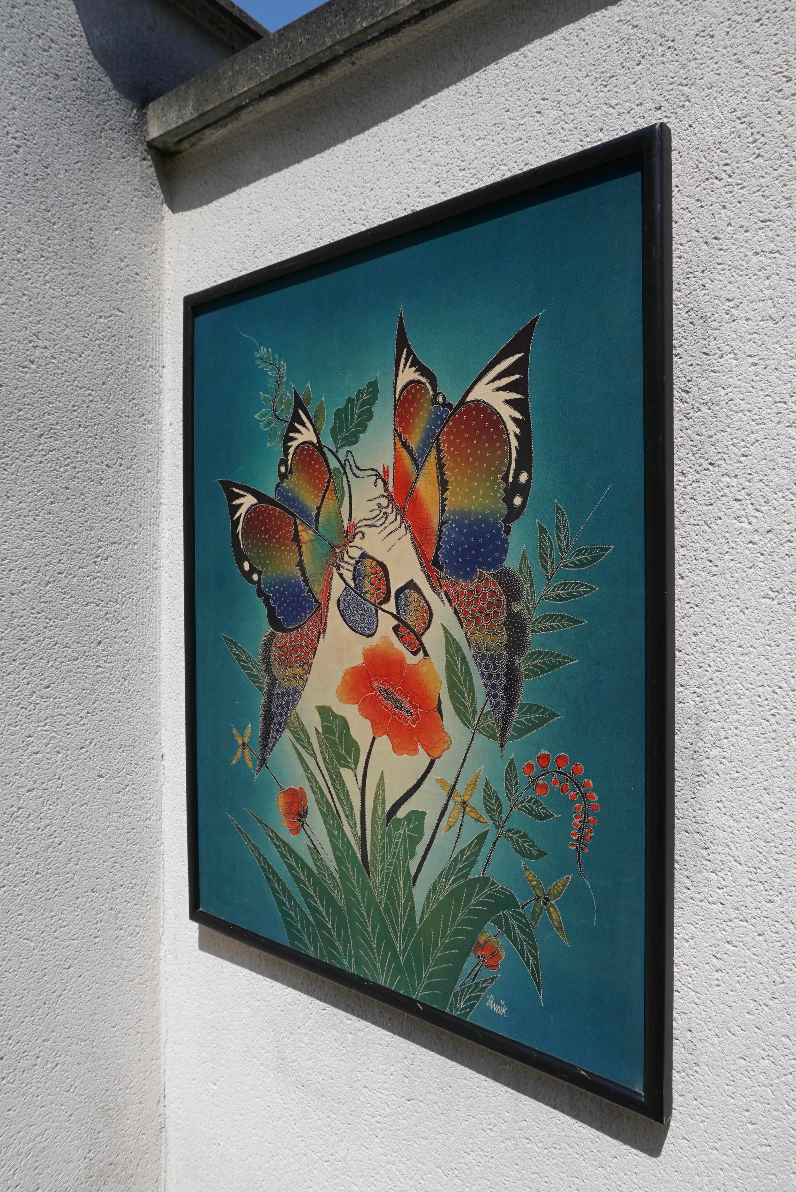 Hollywood Regency Multicolored Batik with Butterflies on frame. Central Java For Sale