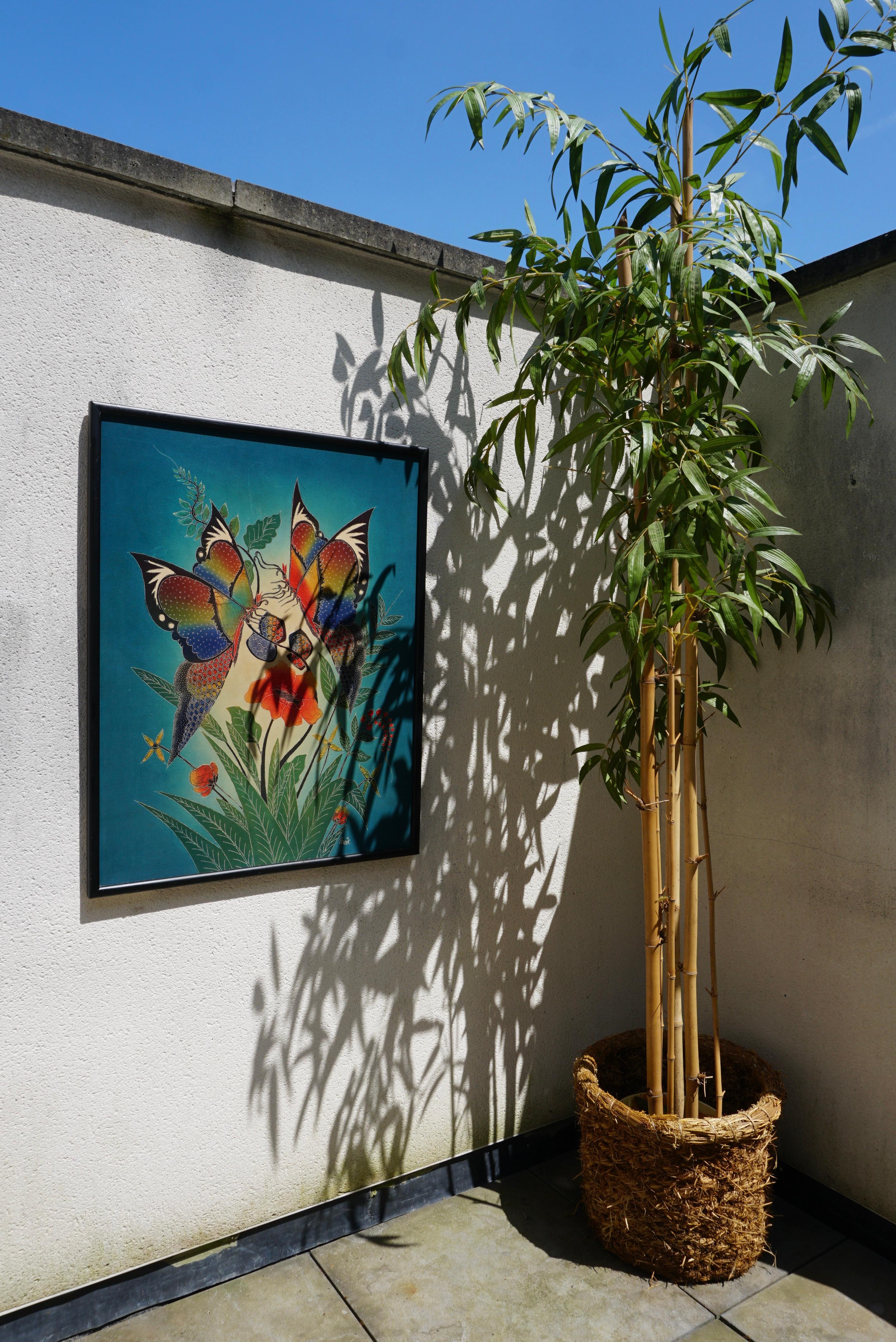 Indonesian Multicolored Batik with Butterflies on frame. Central Java For Sale
