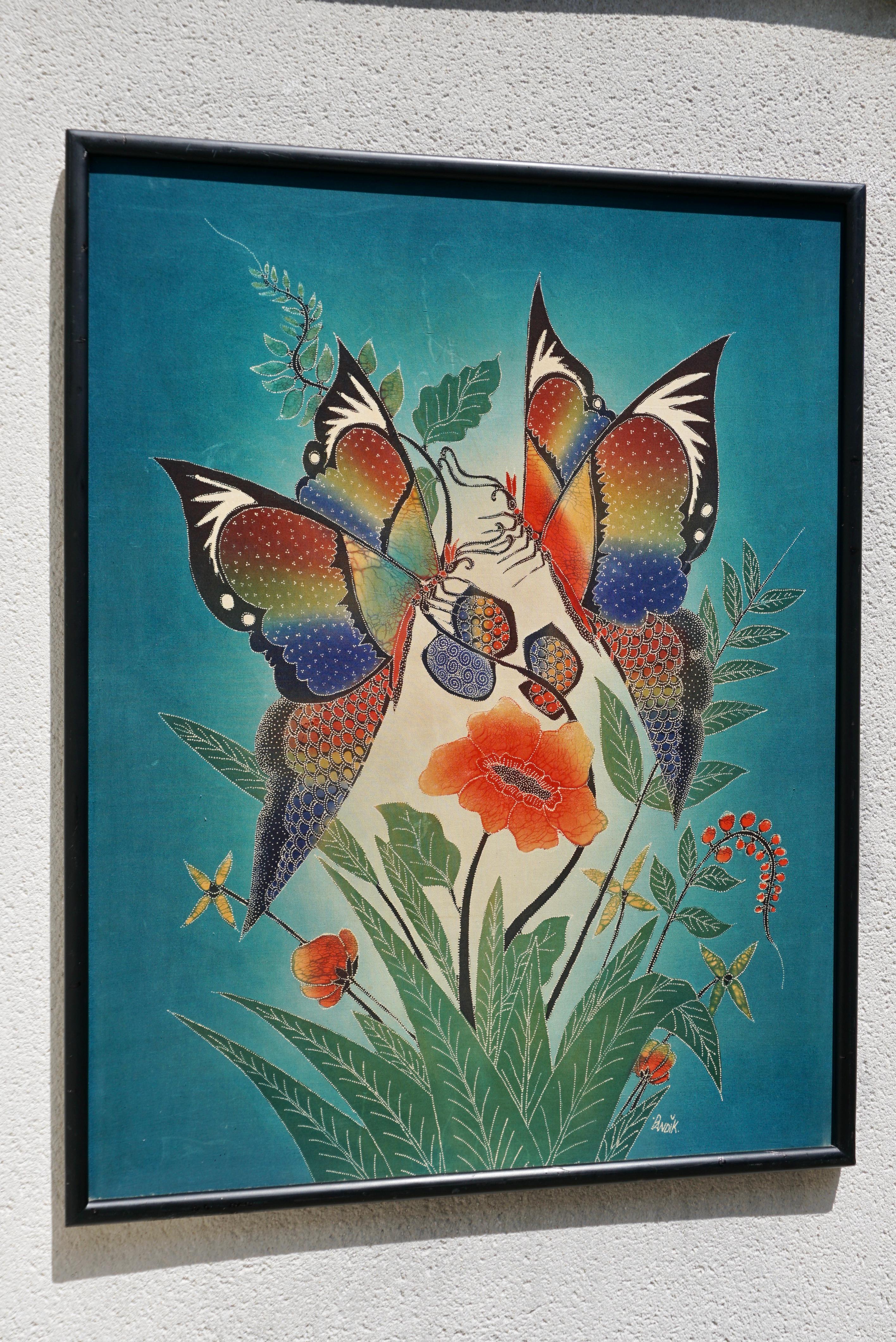 Multicolored Batik with Butterflies on frame. Central Java In Good Condition For Sale In Antwerp, BE