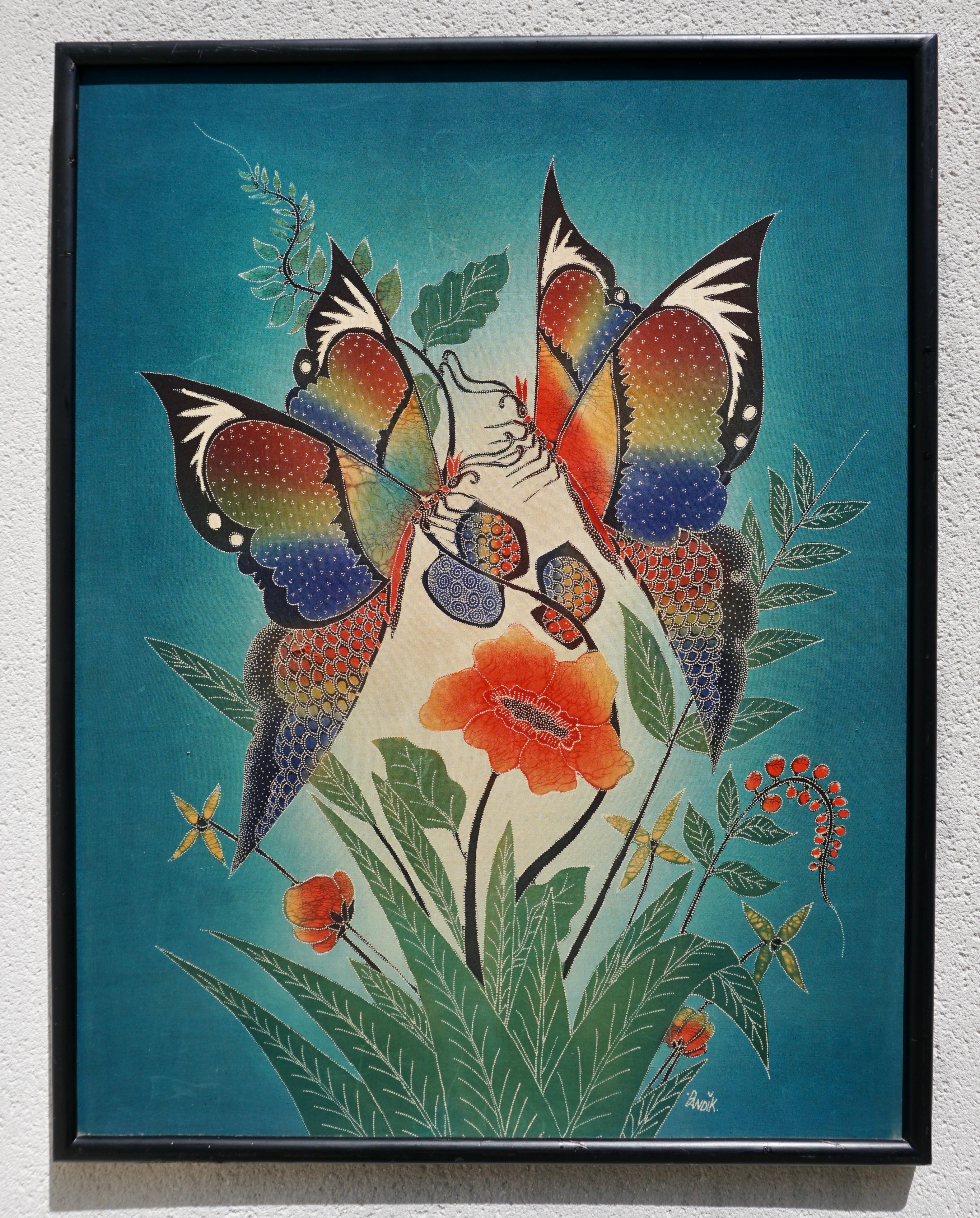 20th Century Multicolored Batik with Butterflies on frame. Central Java For Sale