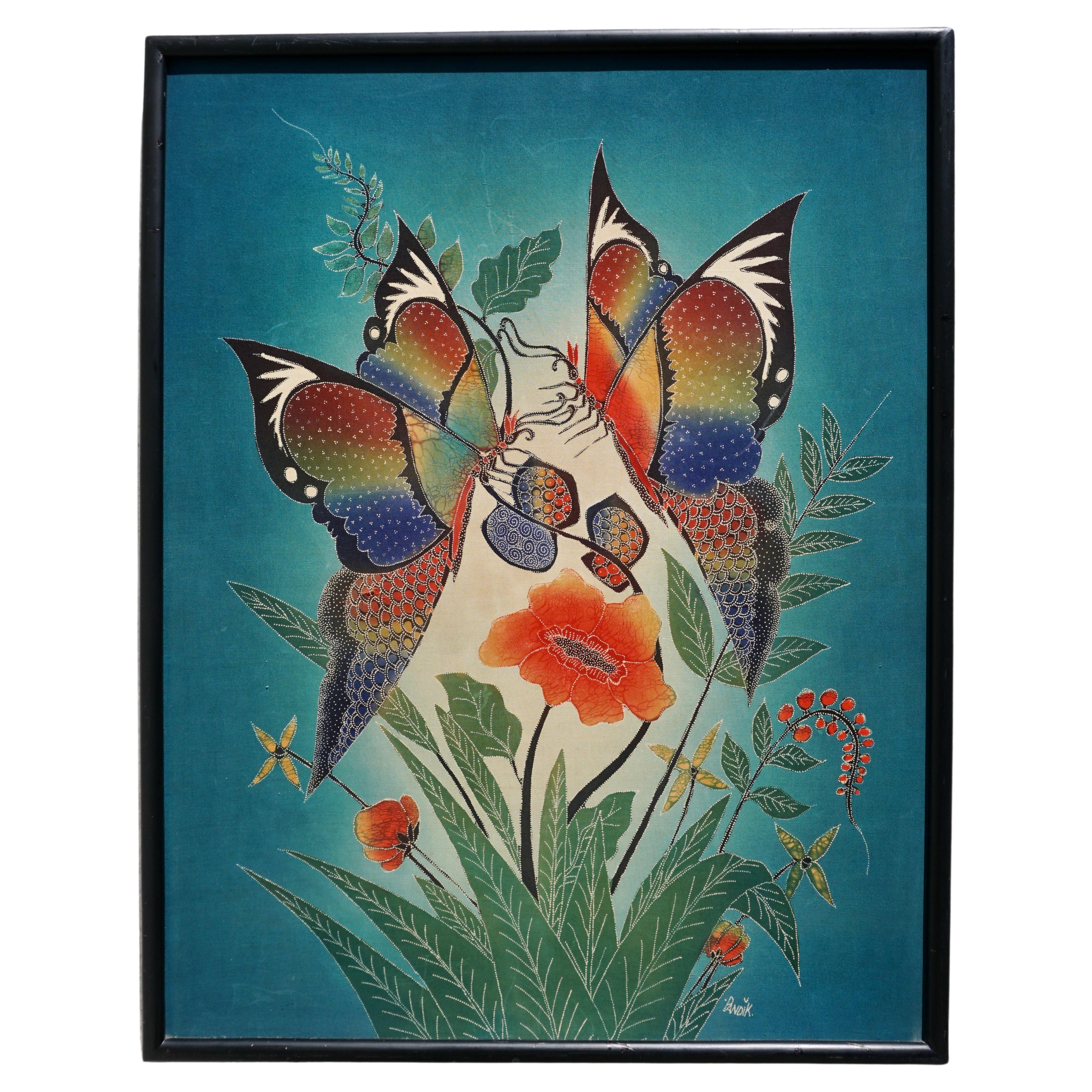 Multicolored Batik with Butterflies on frame. Central Java For Sale