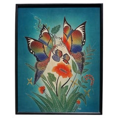 Vintage Multicolored Batik with Butterflies on frame. Central Java