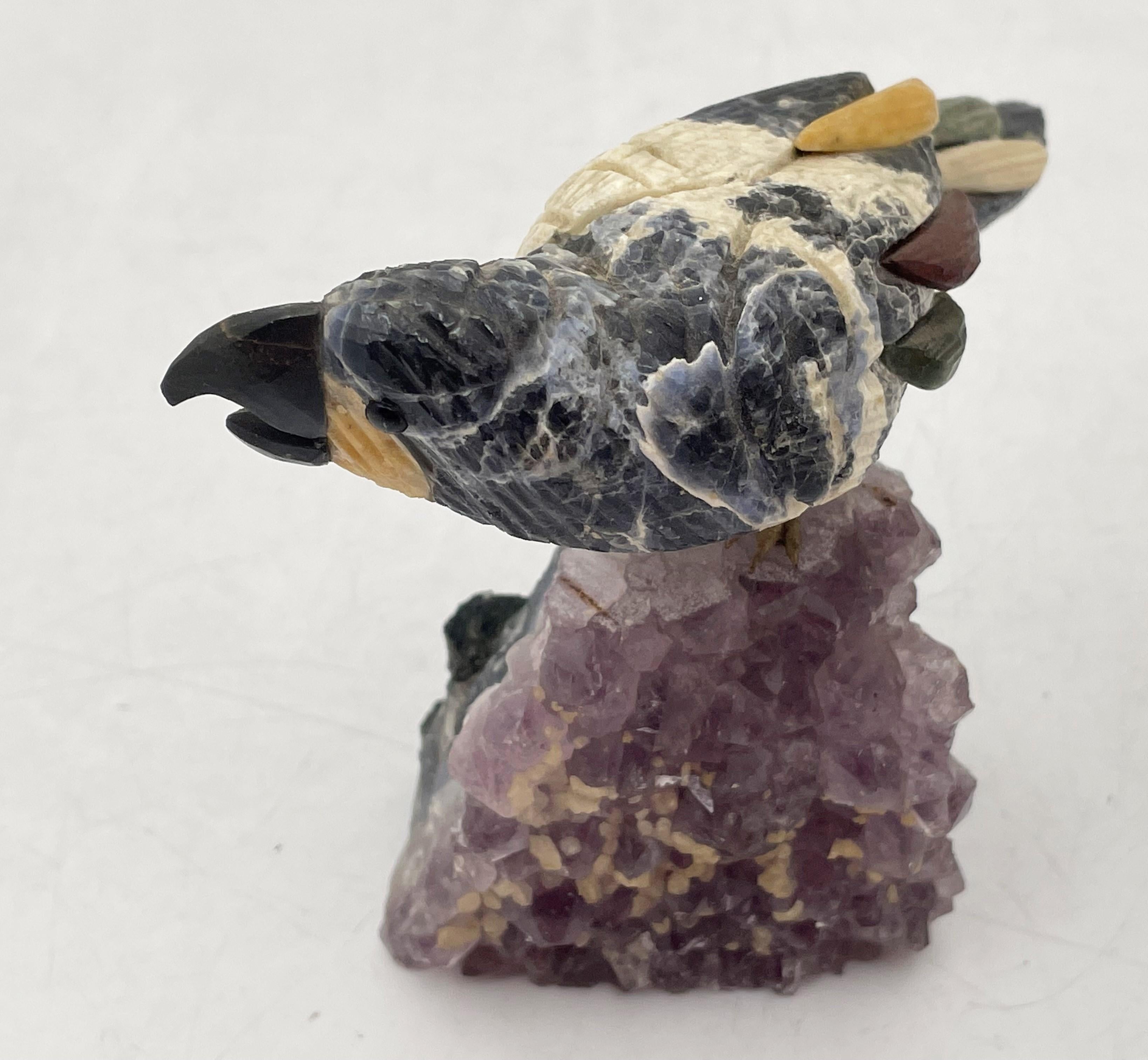Multicolored Bird Carved Stone Sculpture on Amethyst In Good Condition For Sale In New York, NY