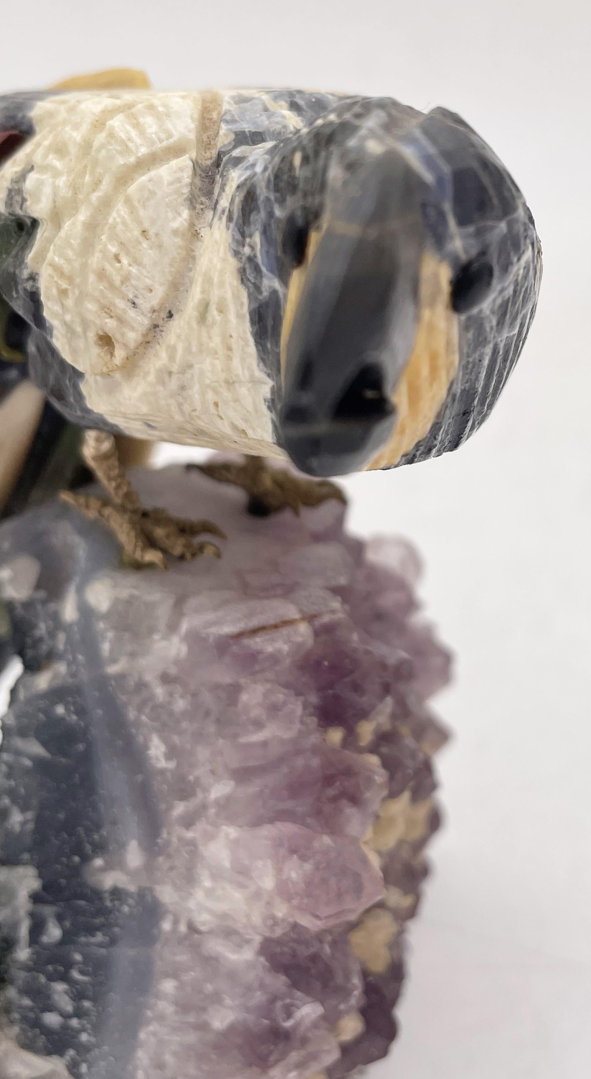 20th Century Multicolored Bird Carved Stone Sculpture on Amethyst For Sale