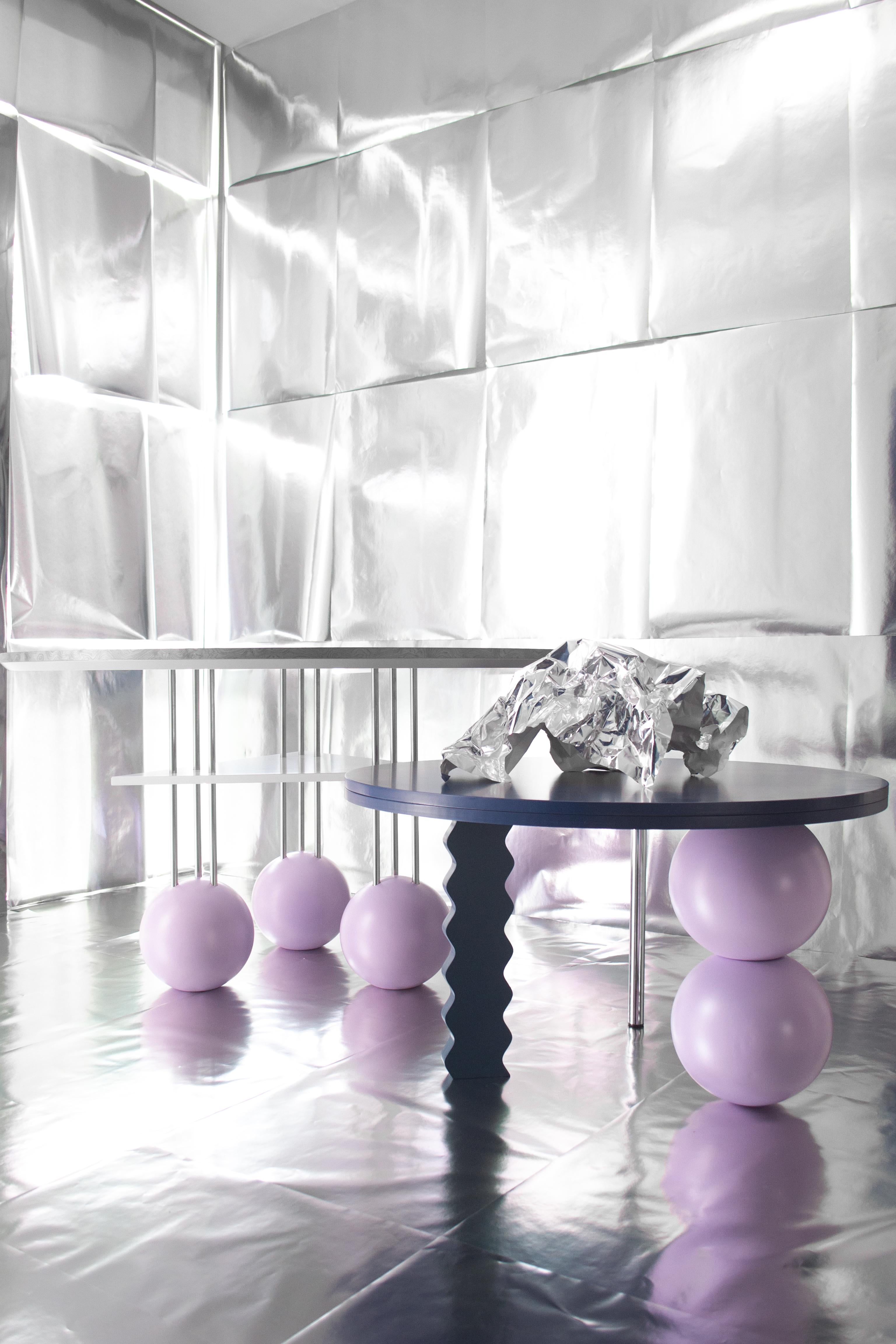 Mesa de Centro Multicolor (Azul, Petróleo, Lila) con Acero Inoxidable y Esferas en venta 1