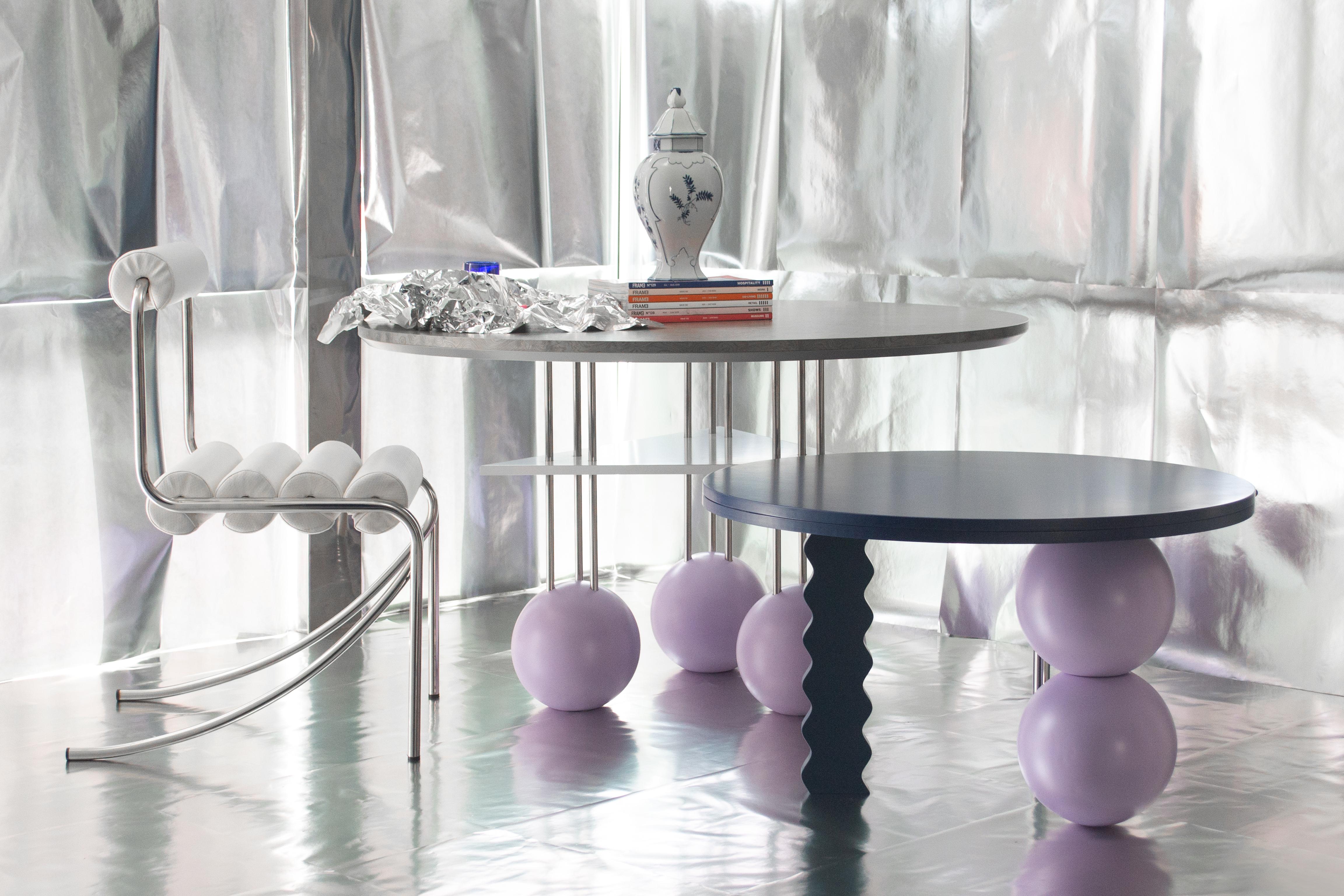 Contemporary Multicolored (Blue, Petrol, Lilac) Coffee Table with Stainless Steel and Spheres For Sale
