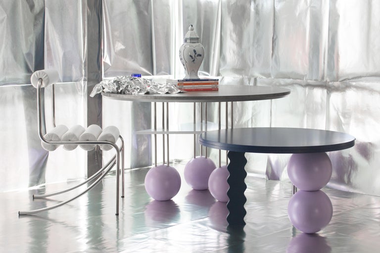 Multicolored (Blue, Petrol, Lilac) Coffee Table with Stainless Steel and Spheres For Sale 2