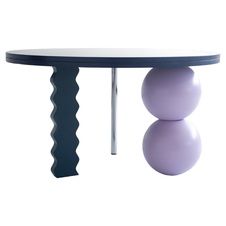 Multicolored (Blue, Petrol, Lilac) Coffee Table with Stainless Steel and Spheres For Sale