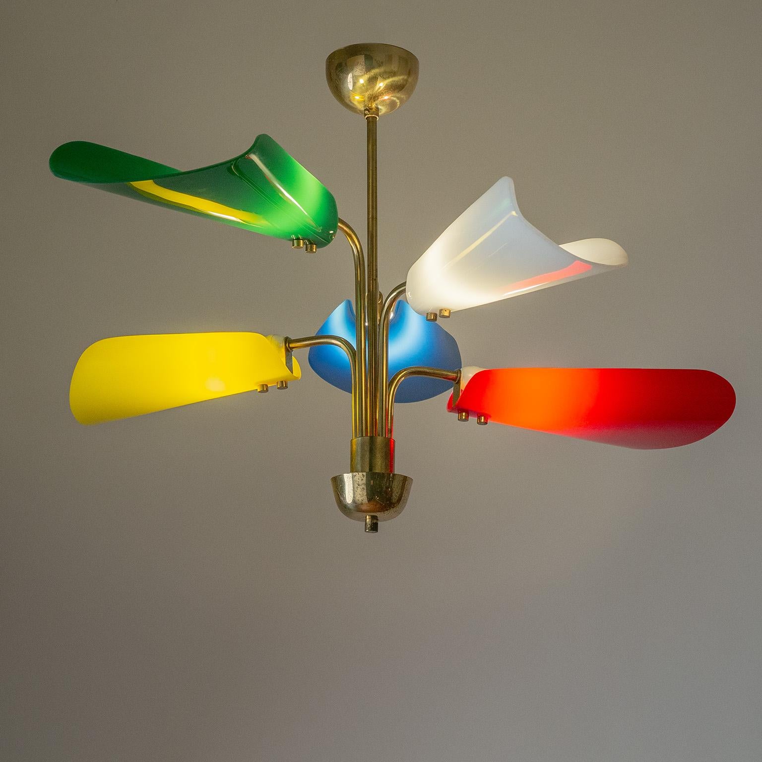 Colorful Austrian ceiling light from the 1950-1960s. Five-arm brass structure with colored acrylic shades arranged in different heights. Very nice original condition with some patina on the brass. Five original E14 sockets with new