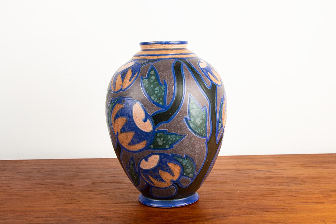 Ceramica Vaso in ceramica multicolore, periodo Art Nouveau, manifattura Revernay, anni 1910 in vendita