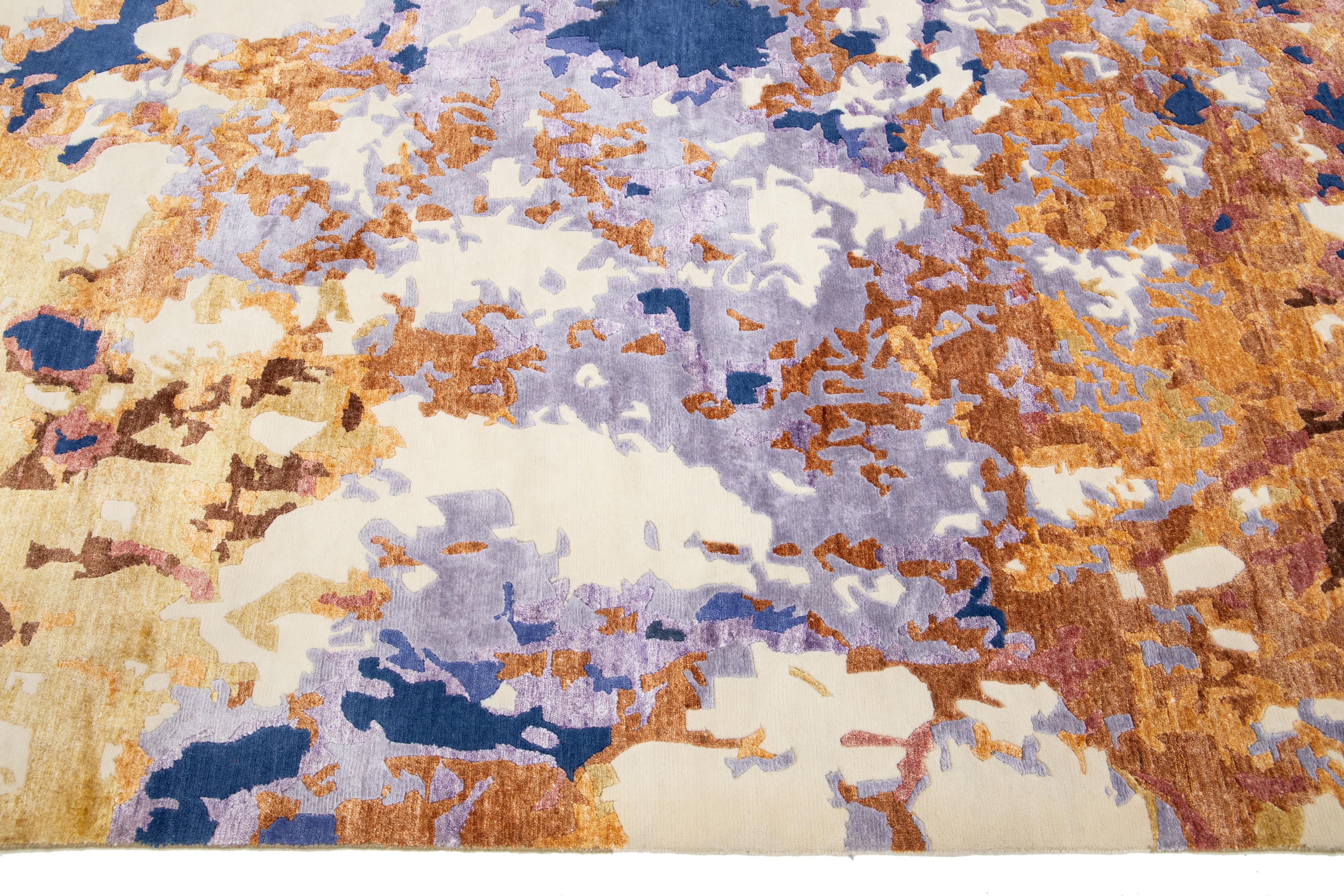 Tapis contemporain multicolore en laine et soie à motif abstrait Neuf - En vente à Norwalk, CT