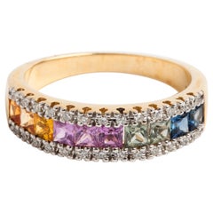 Multicolored Diamond and Sapphire Ring, 9 Karat White Gold Band, Square Cut