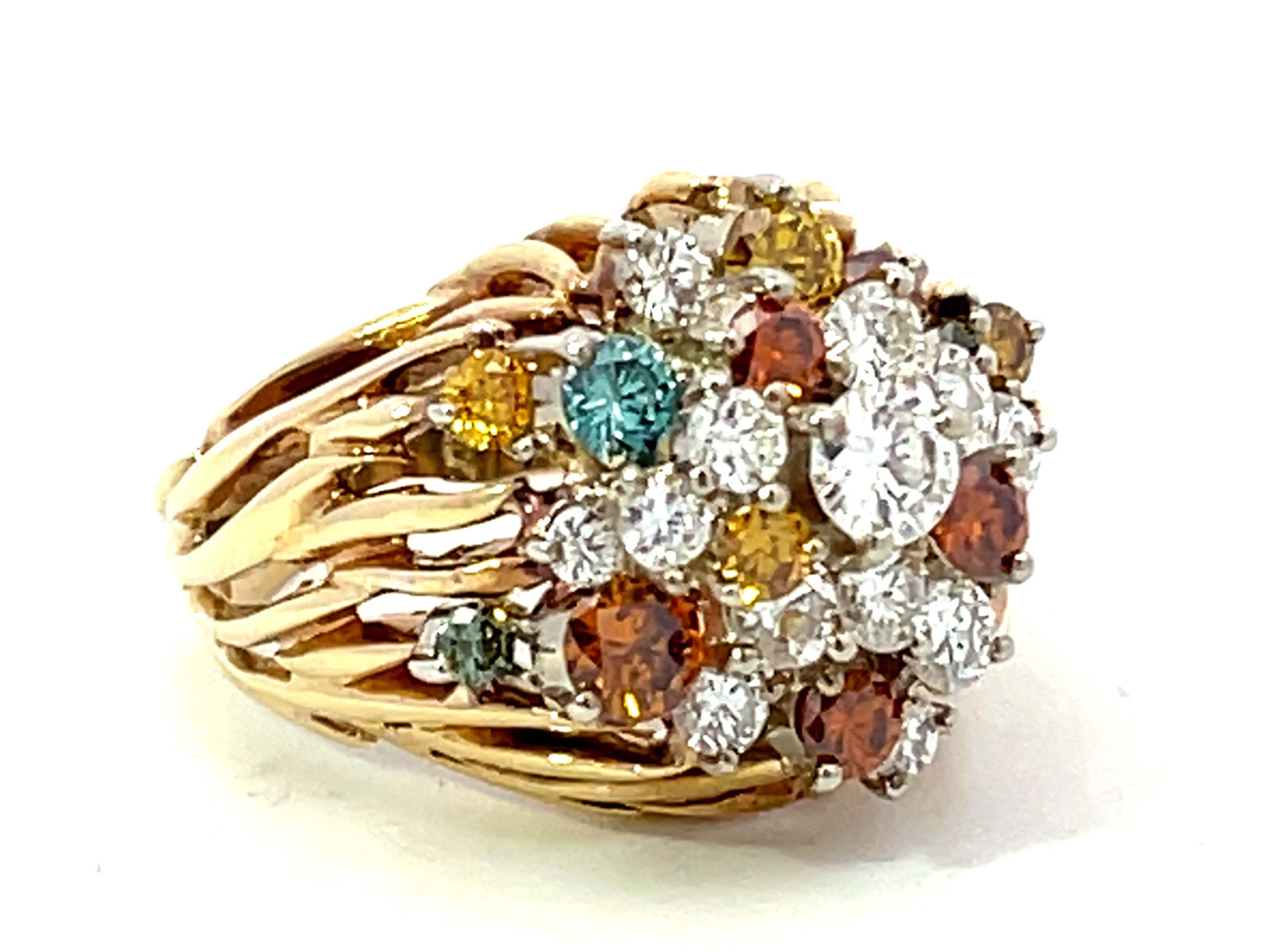 Retro Multicolored Diamond Cluster Ring in 18k Yellow Gold For Sale