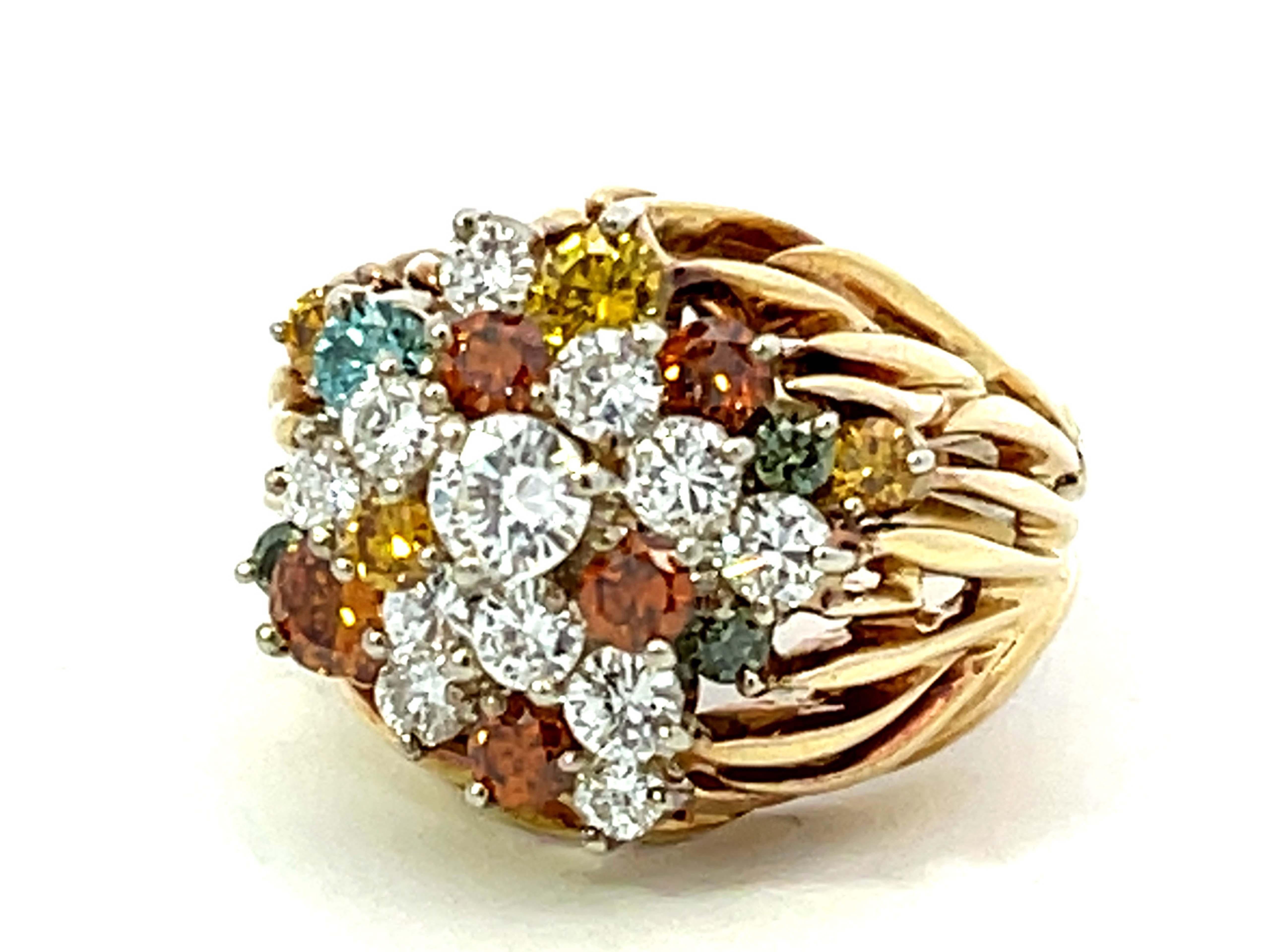 Brilliant Cut Multicolored Diamond Cluster Ring in 18k Yellow Gold For Sale