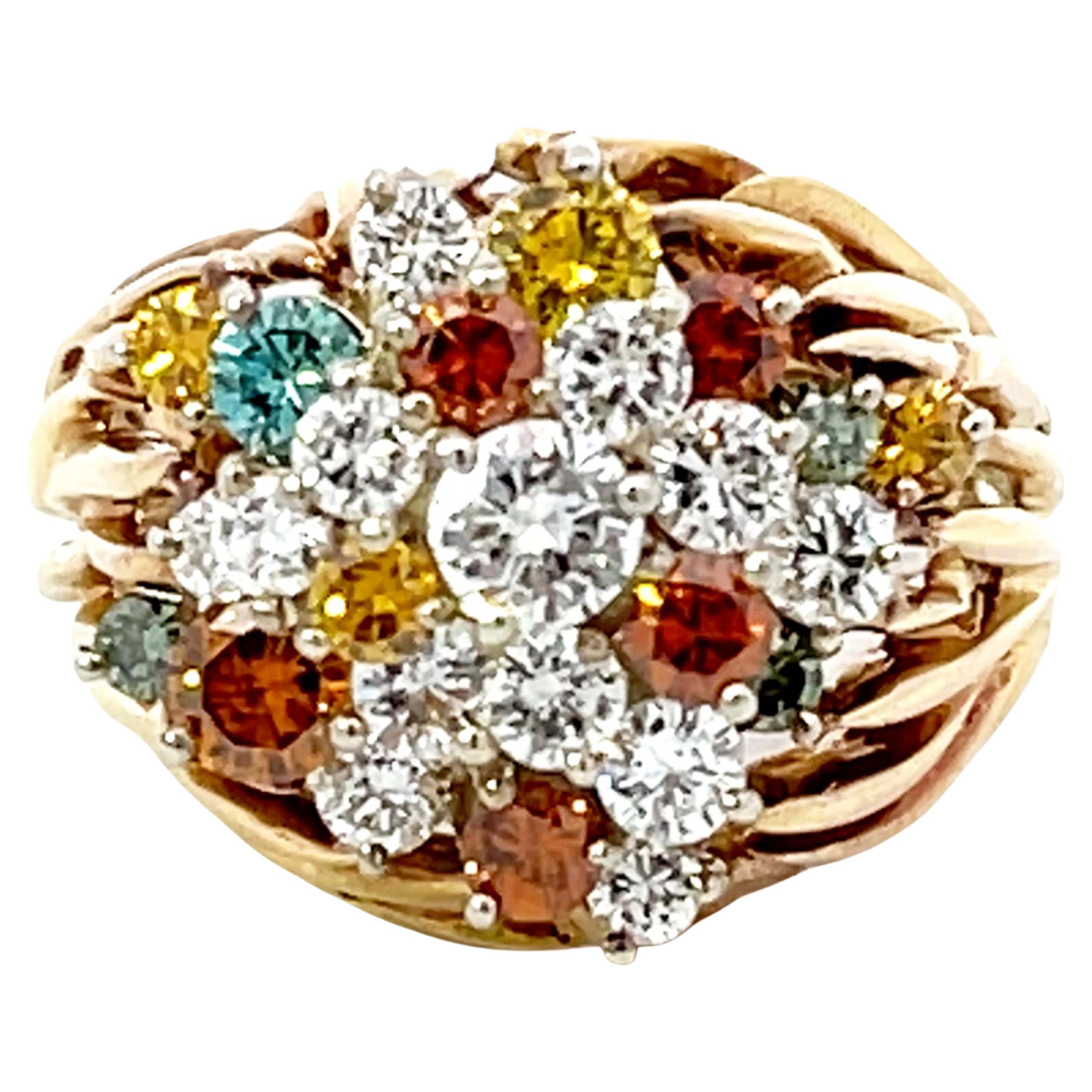 Multicolored Diamond Cluster Ring in 18k Yellow Gold For Sale