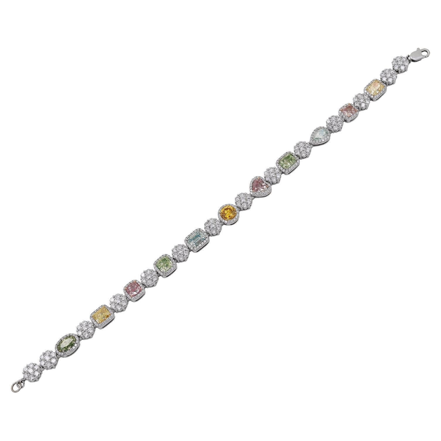 Bracelet ligne de diamants multicolores en or blanc 18 carats en vente