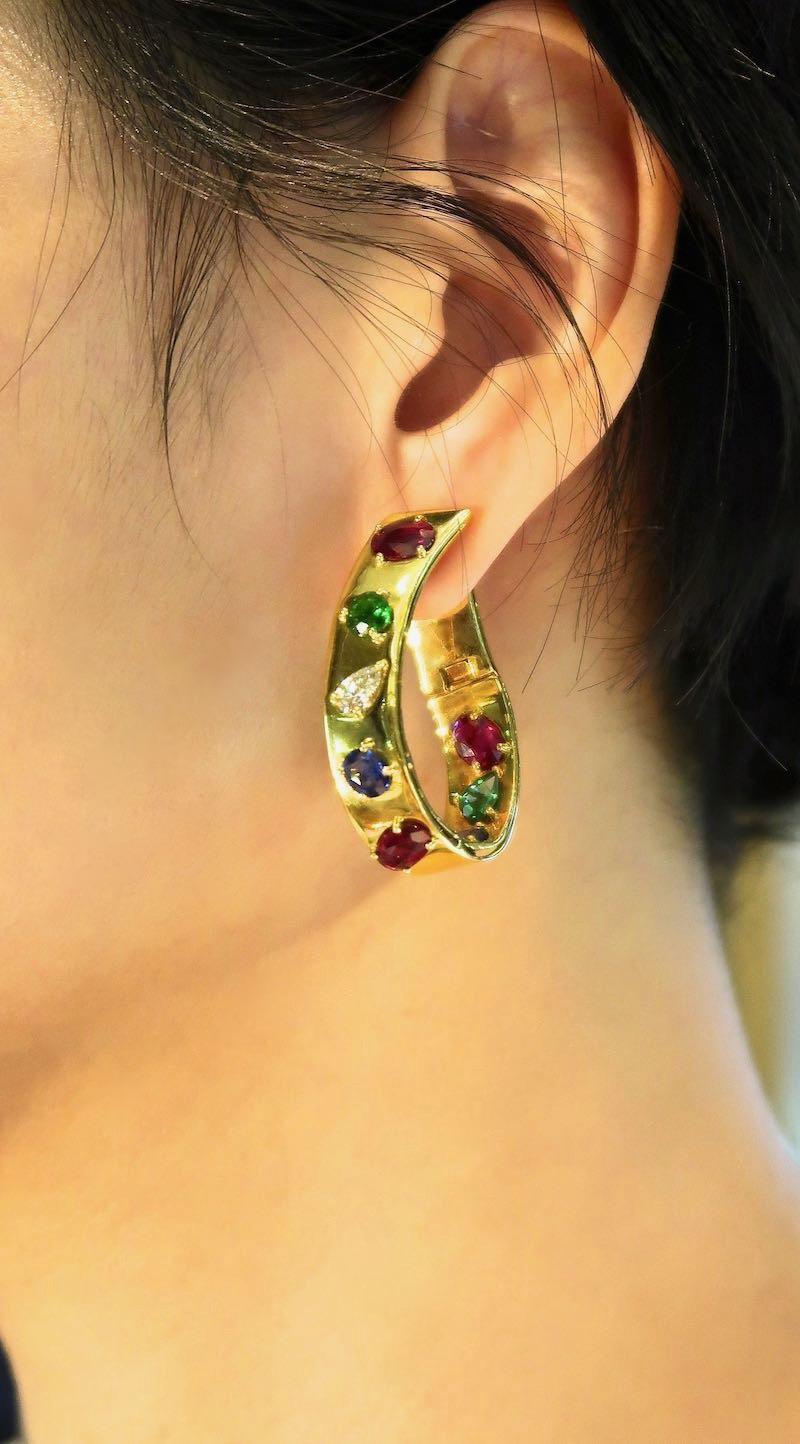 Contemporary Multicolored Diamond Sapphire Ruby Tsavorite Gold Inside Outside Twisted Hoops For Sale