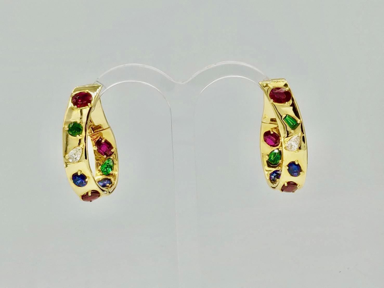 Mixed Cut Multicolored Diamond Sapphire Ruby Tsavorite Gold Inside Outside Twisted Hoops For Sale