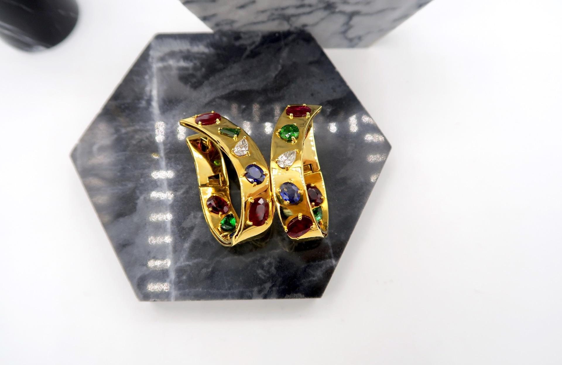 Multicolored Diamond Sapphire Ruby Tsavorite Gold Inside Outside Twisted Hoops In New Condition For Sale In Bangkok, TH
