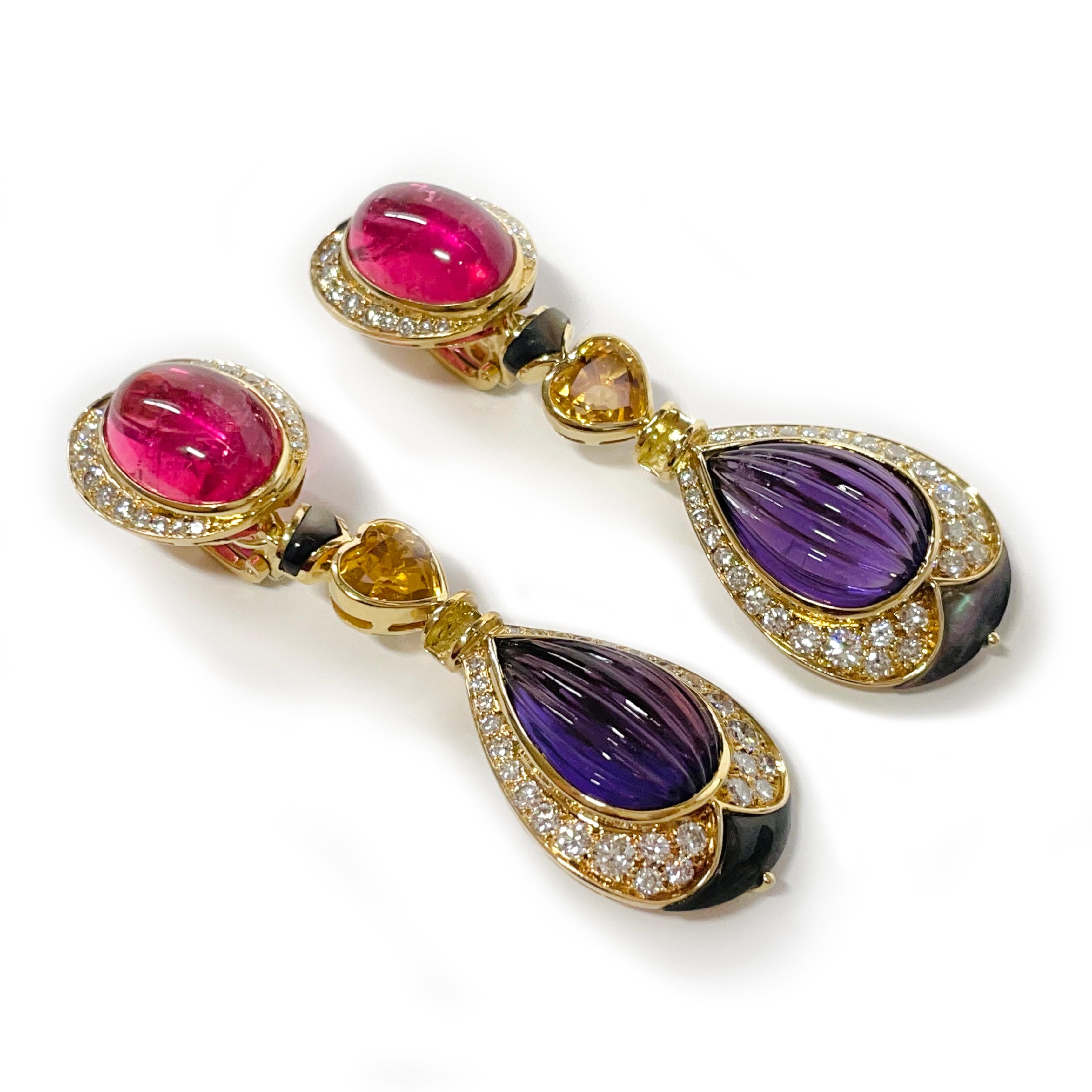 Pendientes Multicolor con Turmalina, Citrino, Amatista, Diamante y MOP Cabujón en venta