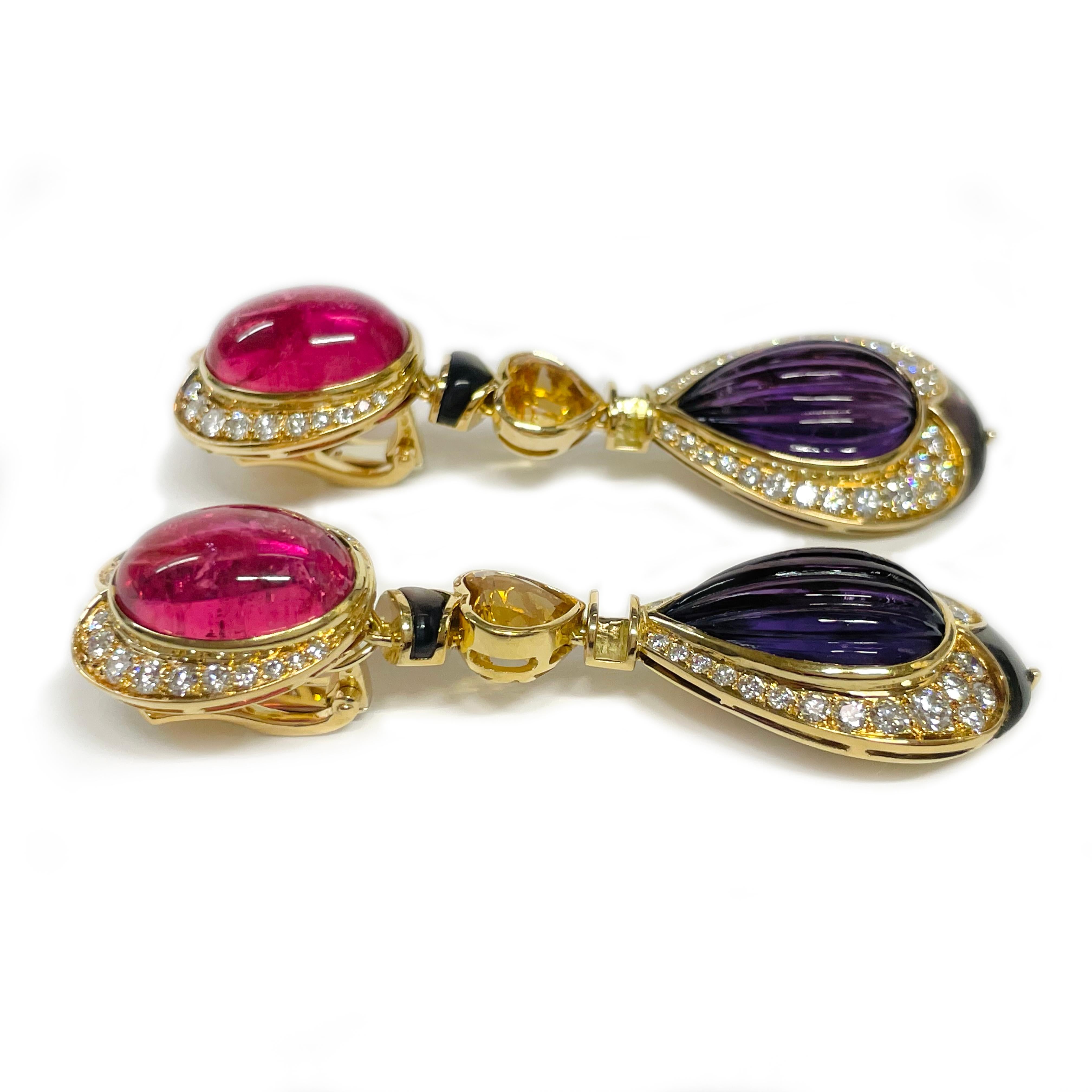 Pendientes Multicolor con Turmalina, Citrino, Amatista, Diamante y MOP en Bueno estado para la venta en Palm Desert, CA