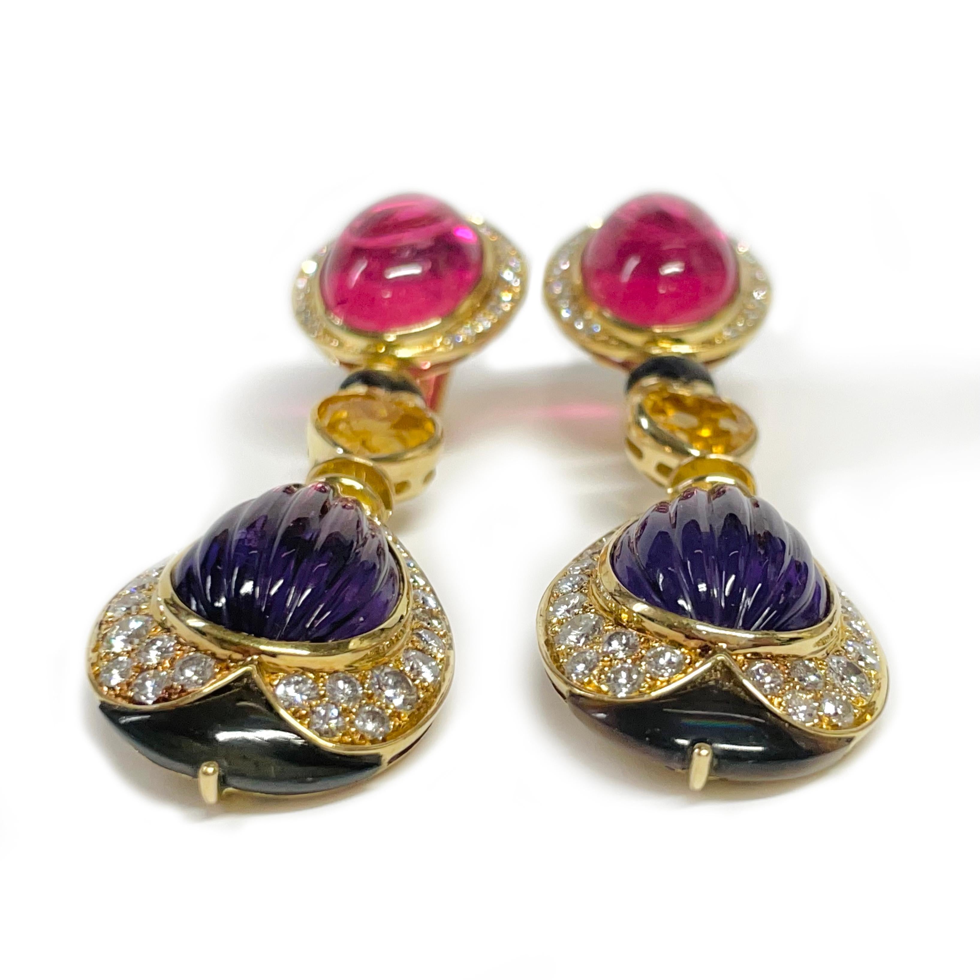 Femenino o masculino Pendientes Multicolor con Turmalina, Citrino, Amatista, Diamante y MOP en venta