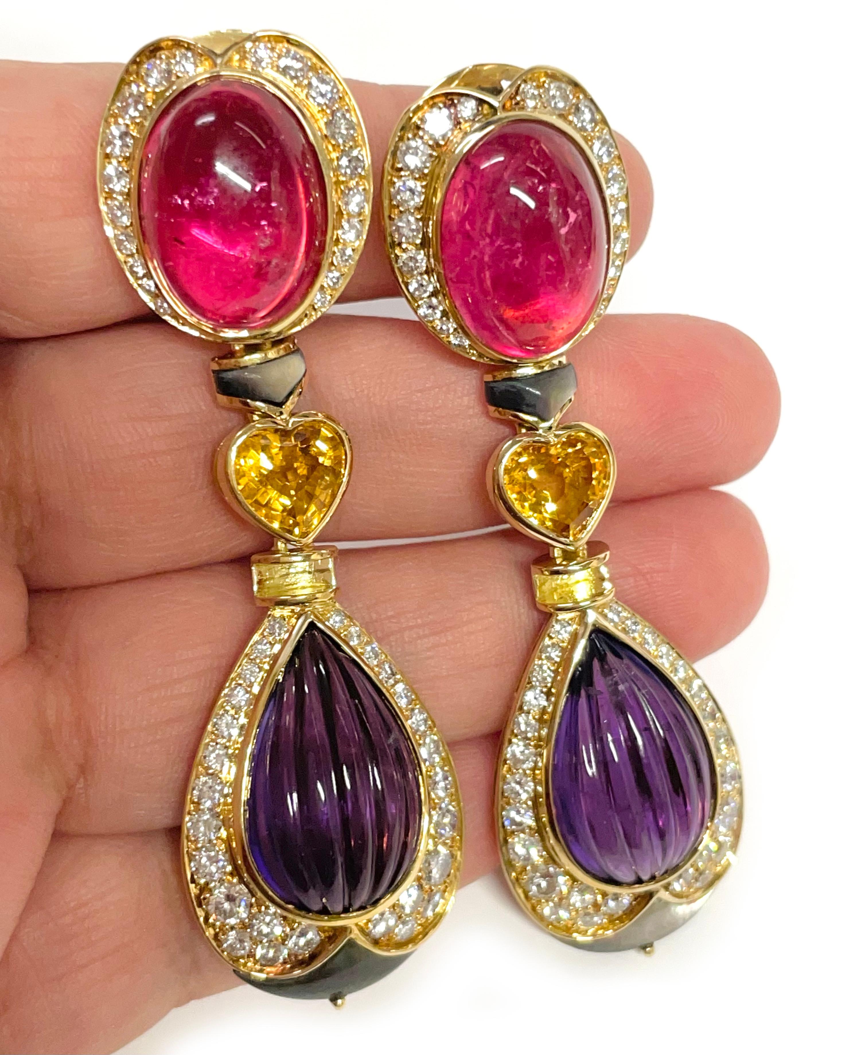 Pendientes Multicolor con Turmalina, Citrino, Amatista, Diamante y MOP en venta 1