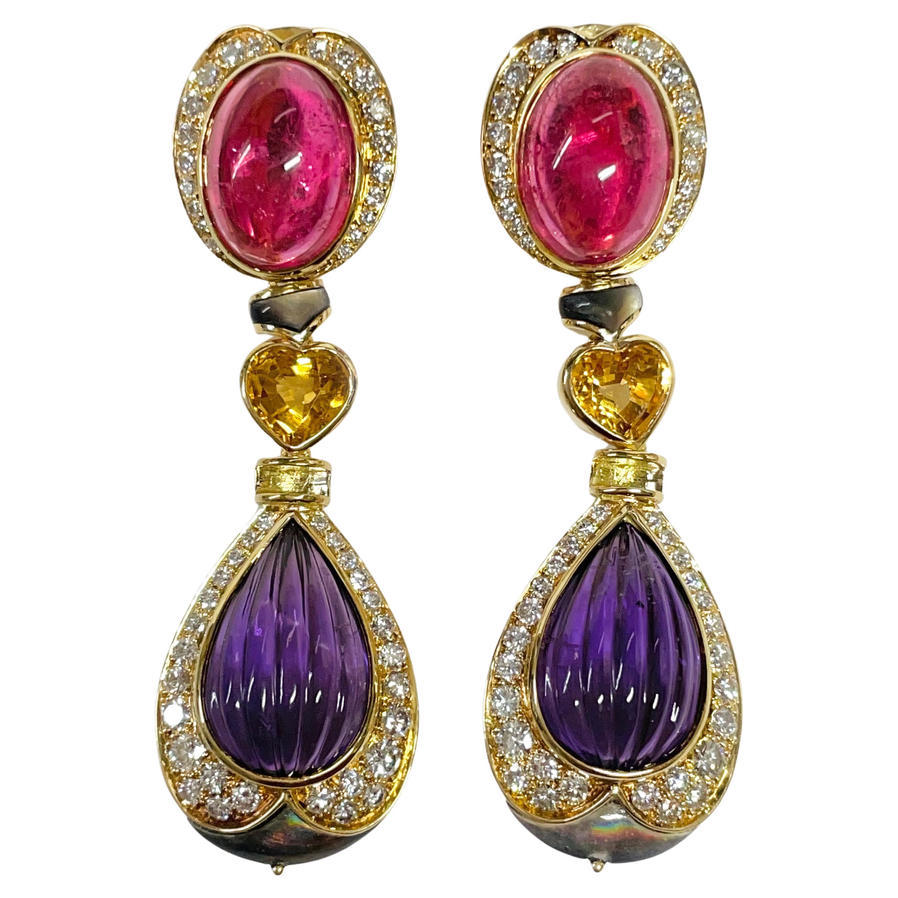 Multicolored Earrings with Tourmaline, Citrine, Amethyst, Diamond, and MOP