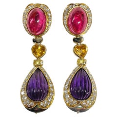 Multicolored Earrings with Tourmaline, Citrine, Amethyst, Diamond, and MOP