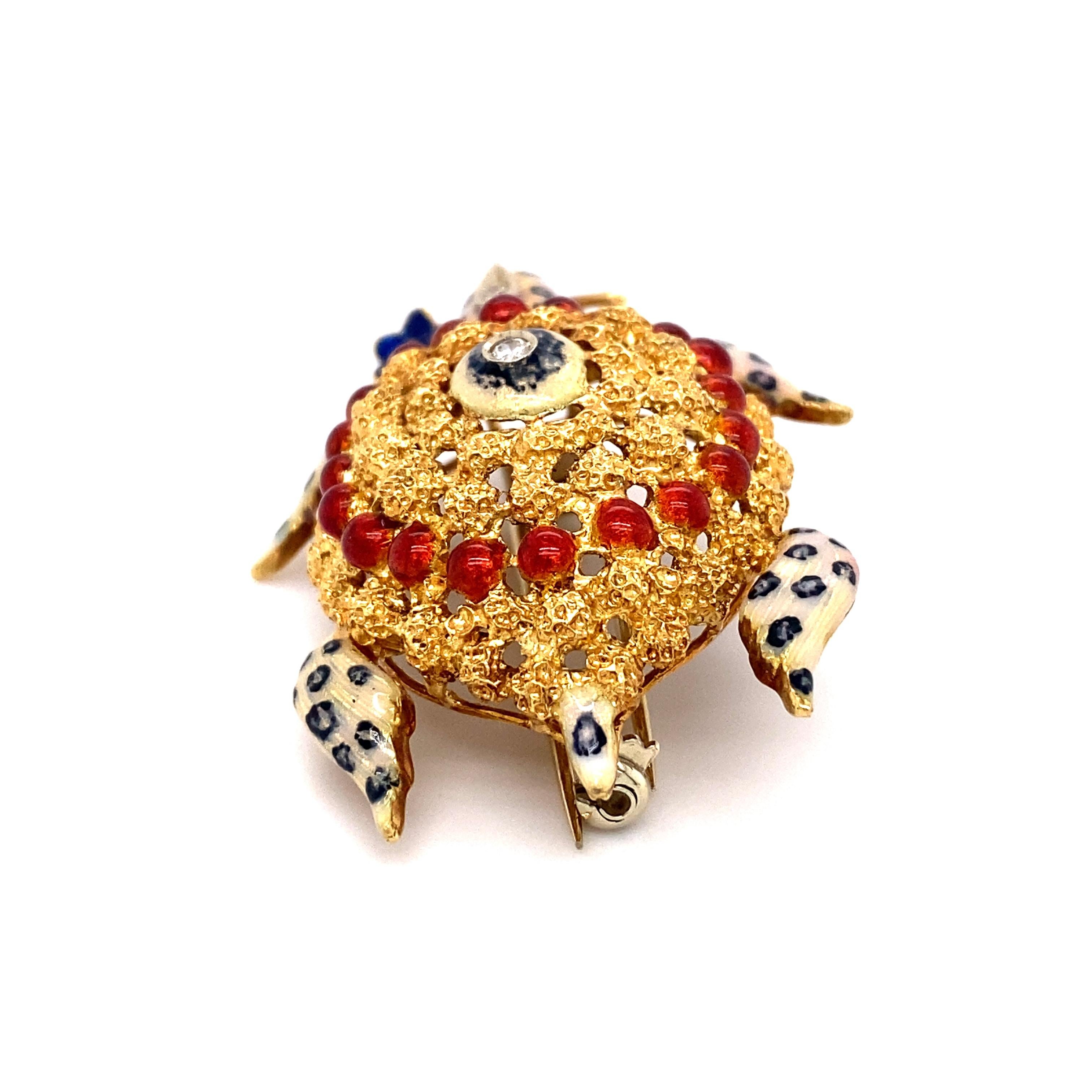 Round Cut Multicolored Enamel and Diamond Turtle Brooch in 18 Karat Gold For Sale